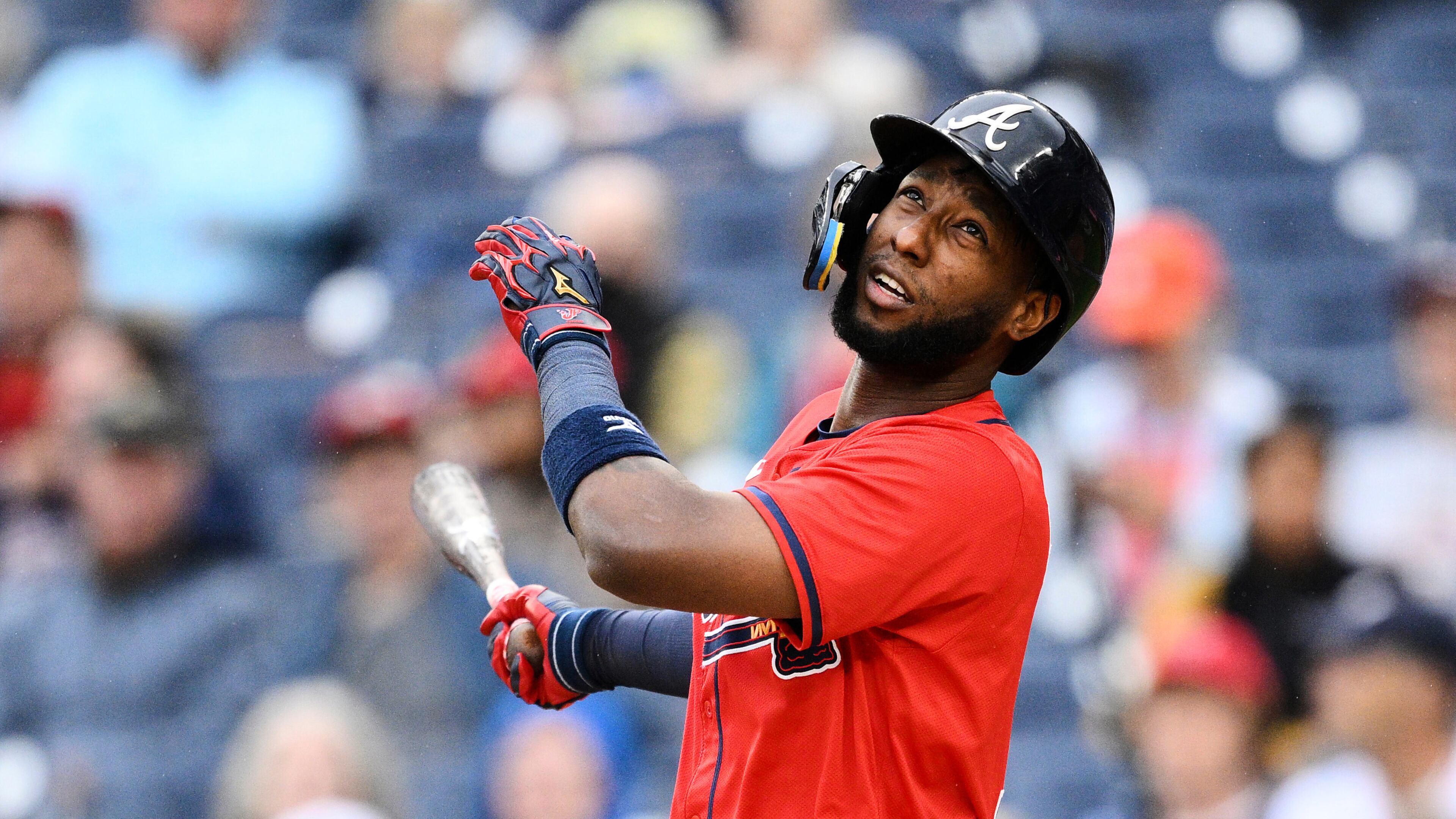 FILE - Atlanta Braves' Jurickson Profar reacts during a baseball game against the Washington Nationals, Wednesday, Sept. 17, 2025, in Washington. (AP Photo/Nick Wass, File)