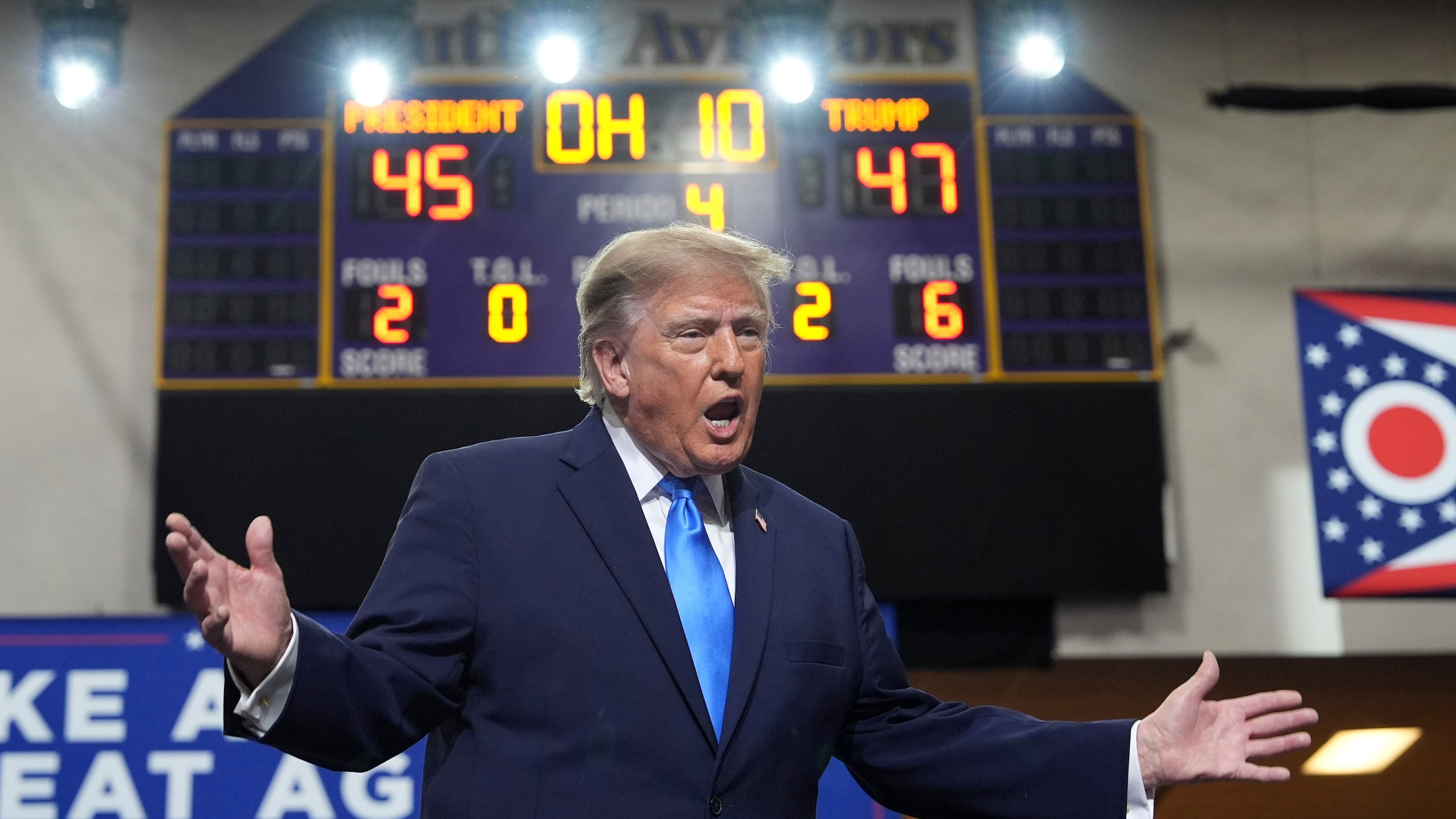 President Donald Trump speaks during an event at Butler High School in Vandalia, Ohio, Saturday, Oct. 3, 2026. (AP Photo/Mark Schiefelbein)