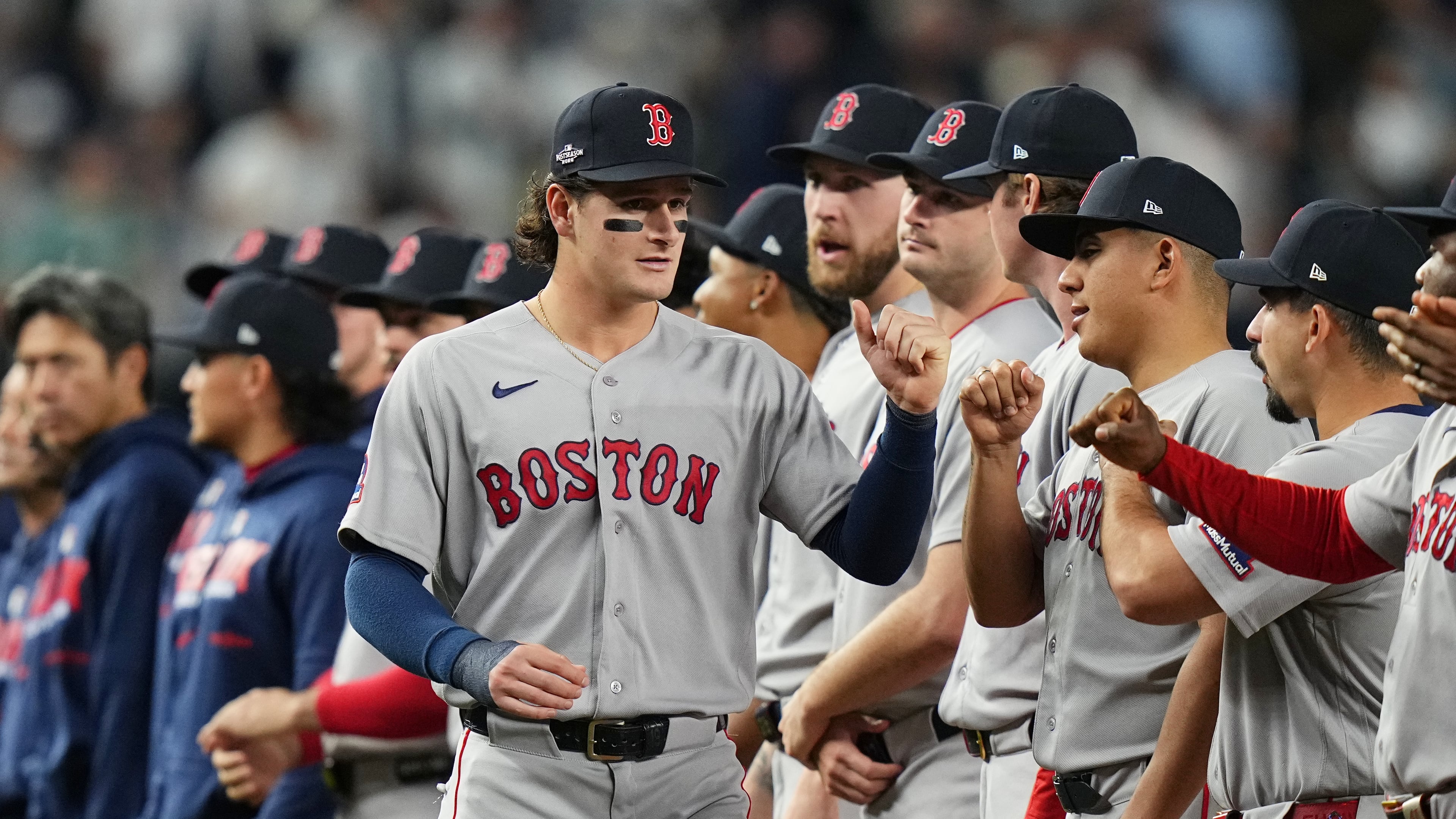 Boston Red Sox designated hitter Roman Anthony greets teammates prior to Game 1 of baseball's American League Wild Card Series against the New York Yankees, Tuesday, Sept. 29, 2026, in New York. (AP Photo/Frank Franklin II)
