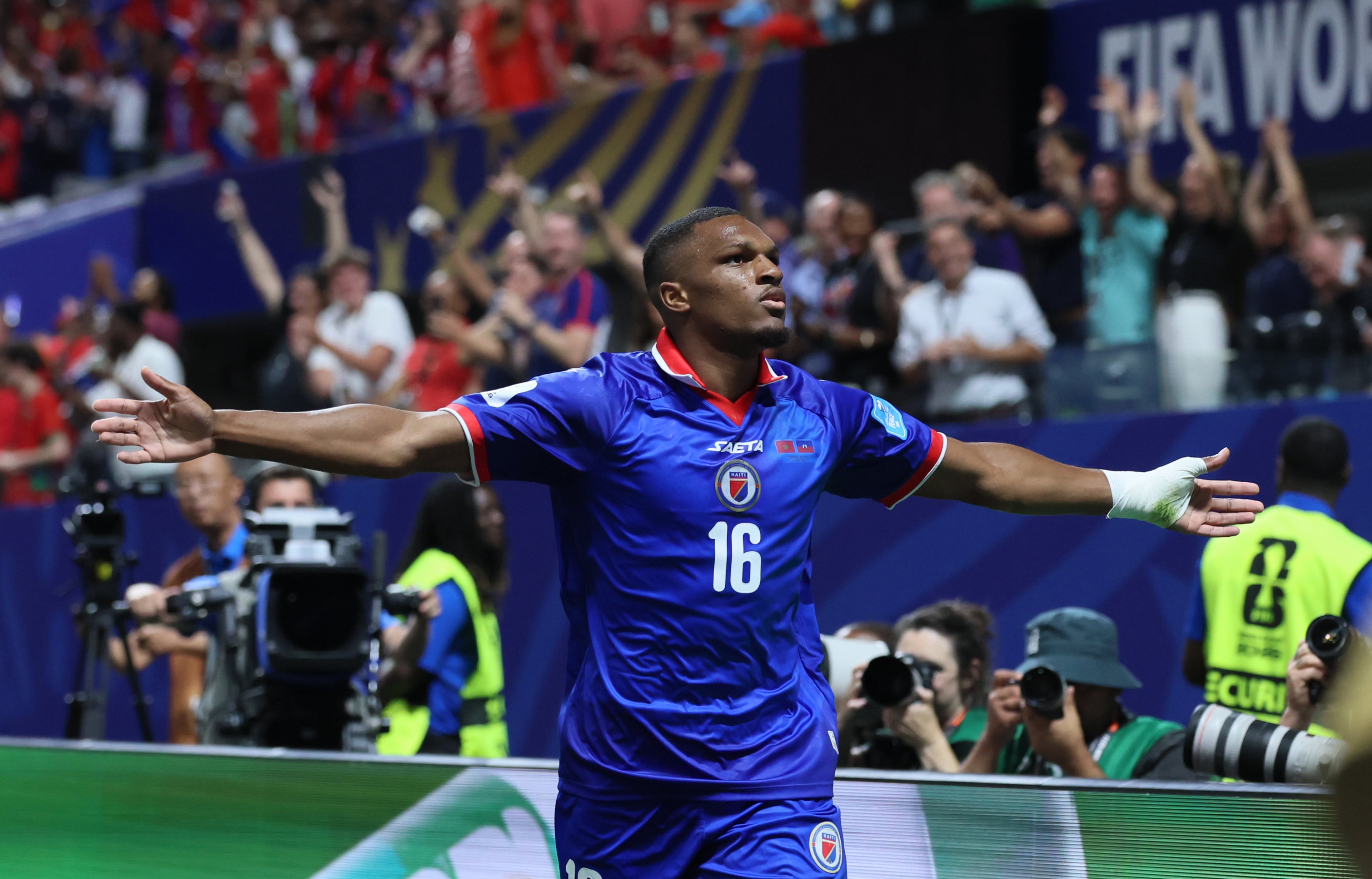 Haiti's Lenny Joseph scores his team's first goal in the World Cup and first in 52 years, during first half of Morocco vs. Haiti Group C FIFA World Cup match at Atlanta Stadium (Mercedes-Benz Stadium) on Wednesday, June 24, 2026. (Jason Getz/AJC)