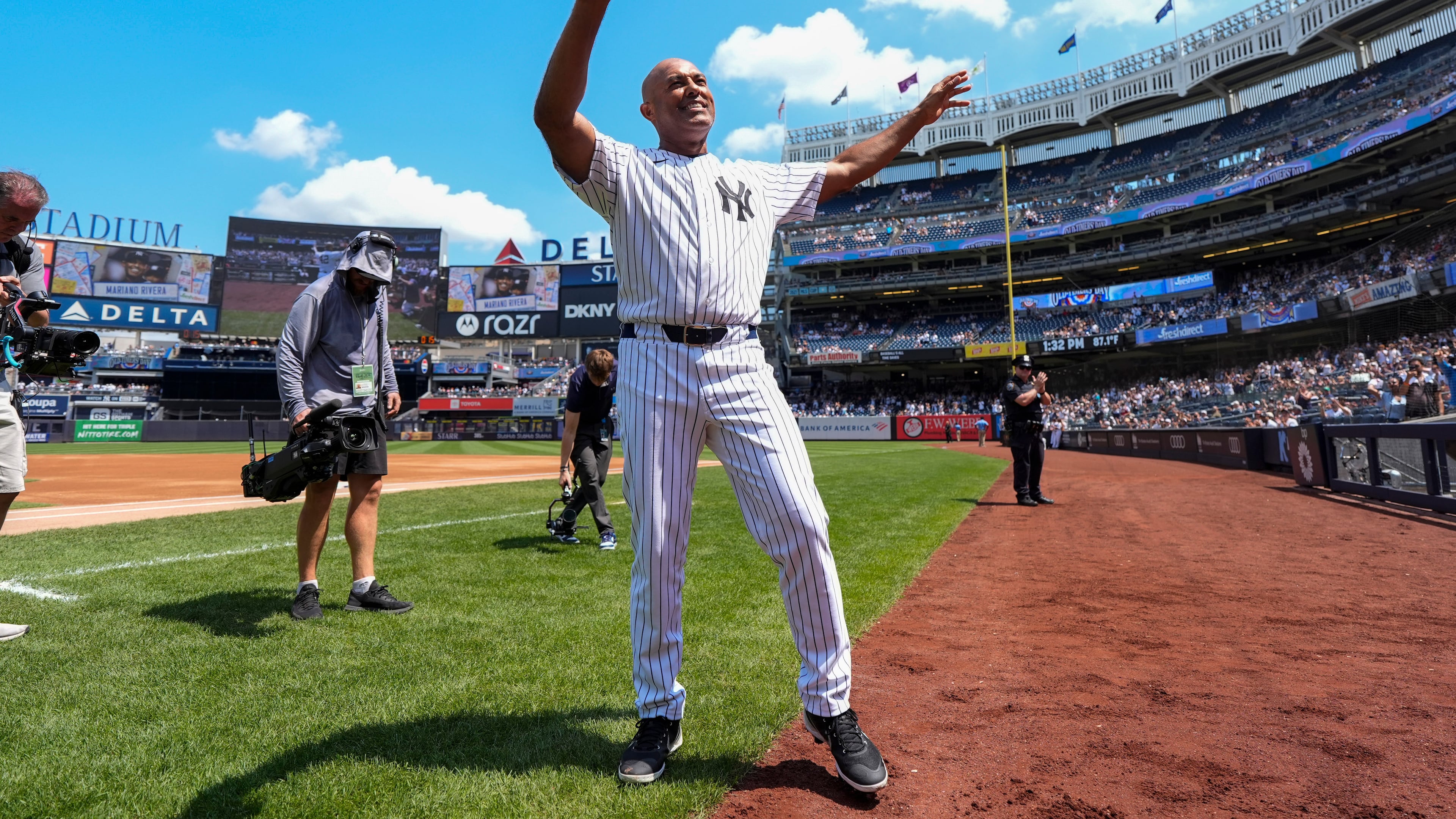 Former New York Yankees Mariano Rivera is introduced during the Yankees Old-Timers' Day ceremony before a baseball game between the New York Yankees and the Atlanta Braves, Saturday, Aug. 8, 2026, in New York. (AP Photo/Yuki Iwamura)