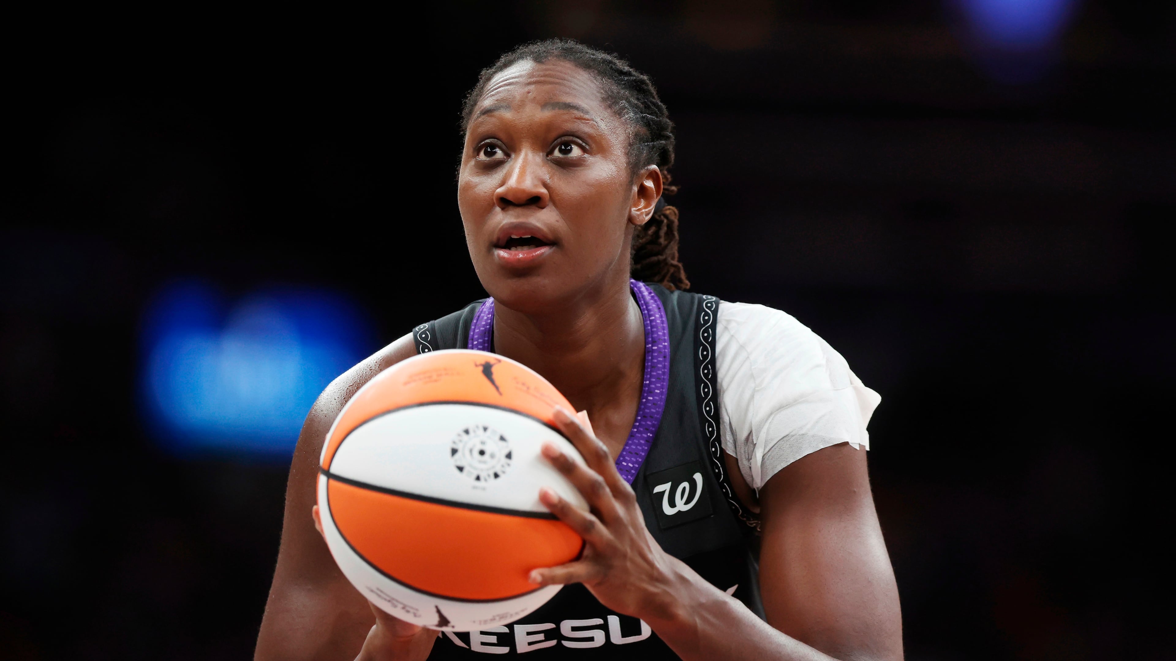 Connecticut Sun's Tina Charles plays against the Indiana Fever during the second half of a WNBA basketball game, July 15, 2025, in Boston. (AP Photo/Michael Dwyer, File)