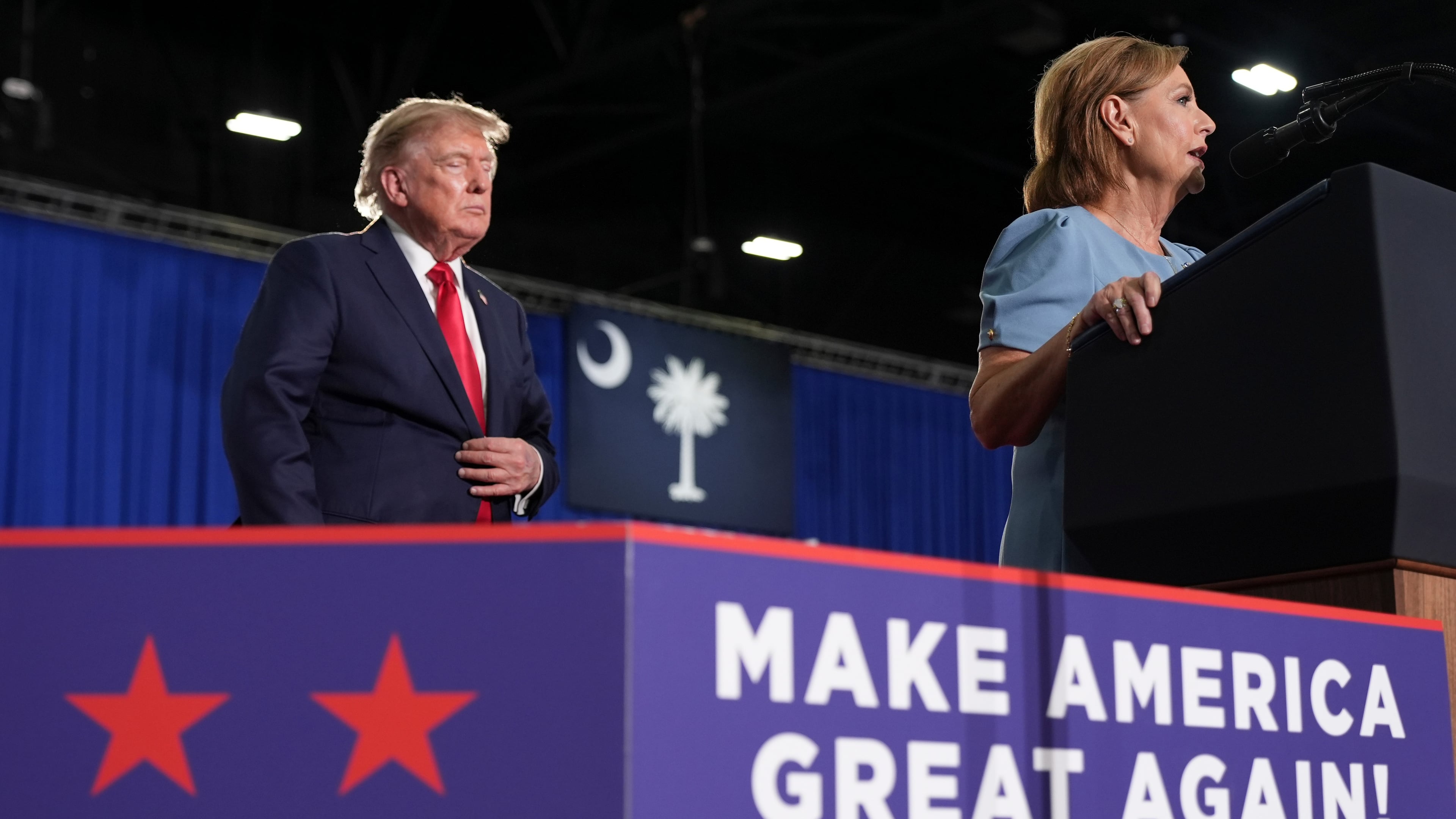 Sen. Darline Graham, R-S.C., speaks as President Donald Trump listens at a campaign rally for Graham at the Myrtle Beach Convention Center in Myrtle Beach, S.C., Friday, Aug. 21, 2026. (AP Photo/Jacquelyn Martin)