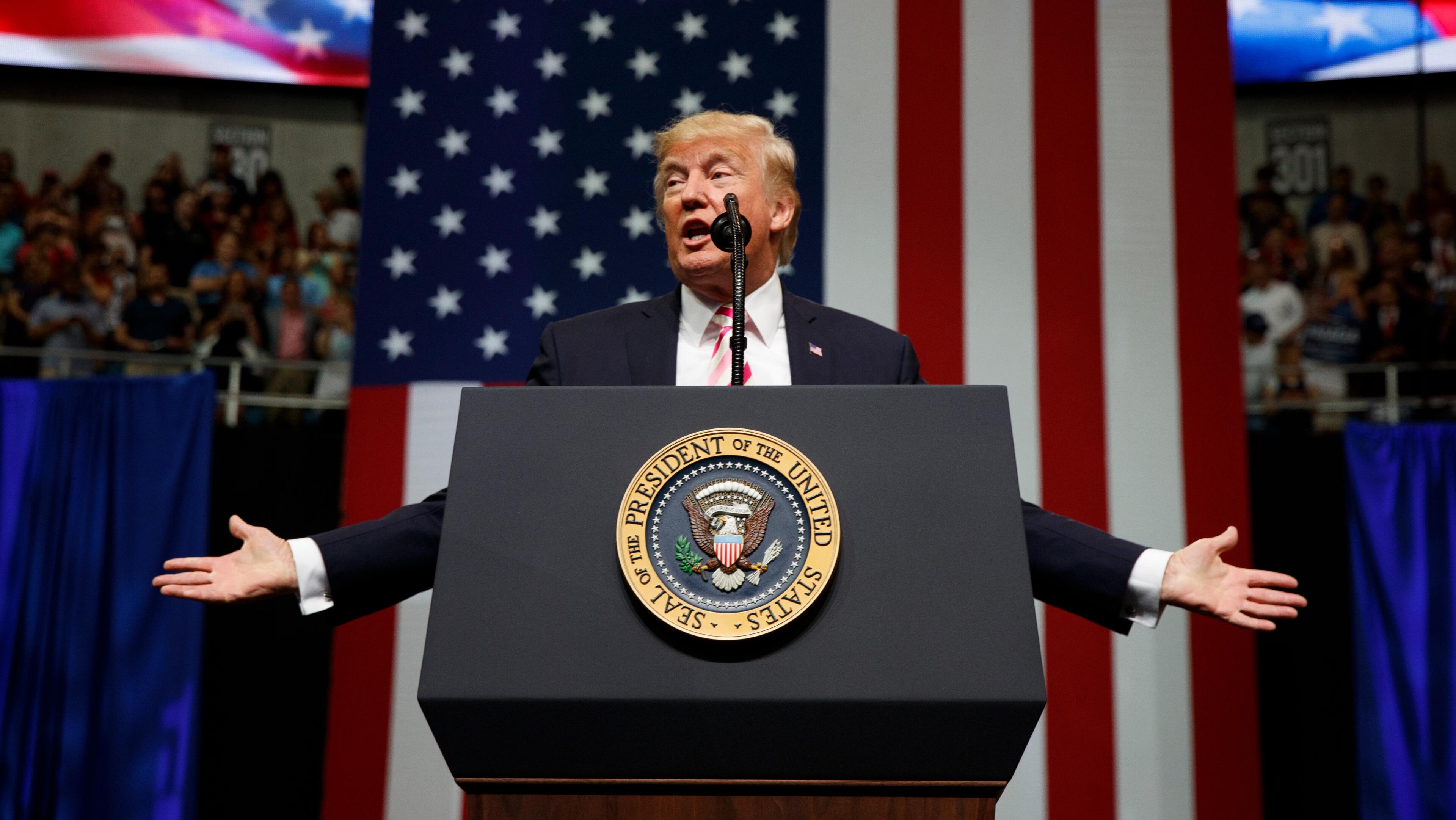 President Donald Trump speaks at a campaign rally for Sen. Luther Strange, R-Ala., Friday, Sept. 22, 2017, in Huntsville, Ala. (AP Photo/Evan Vucci)