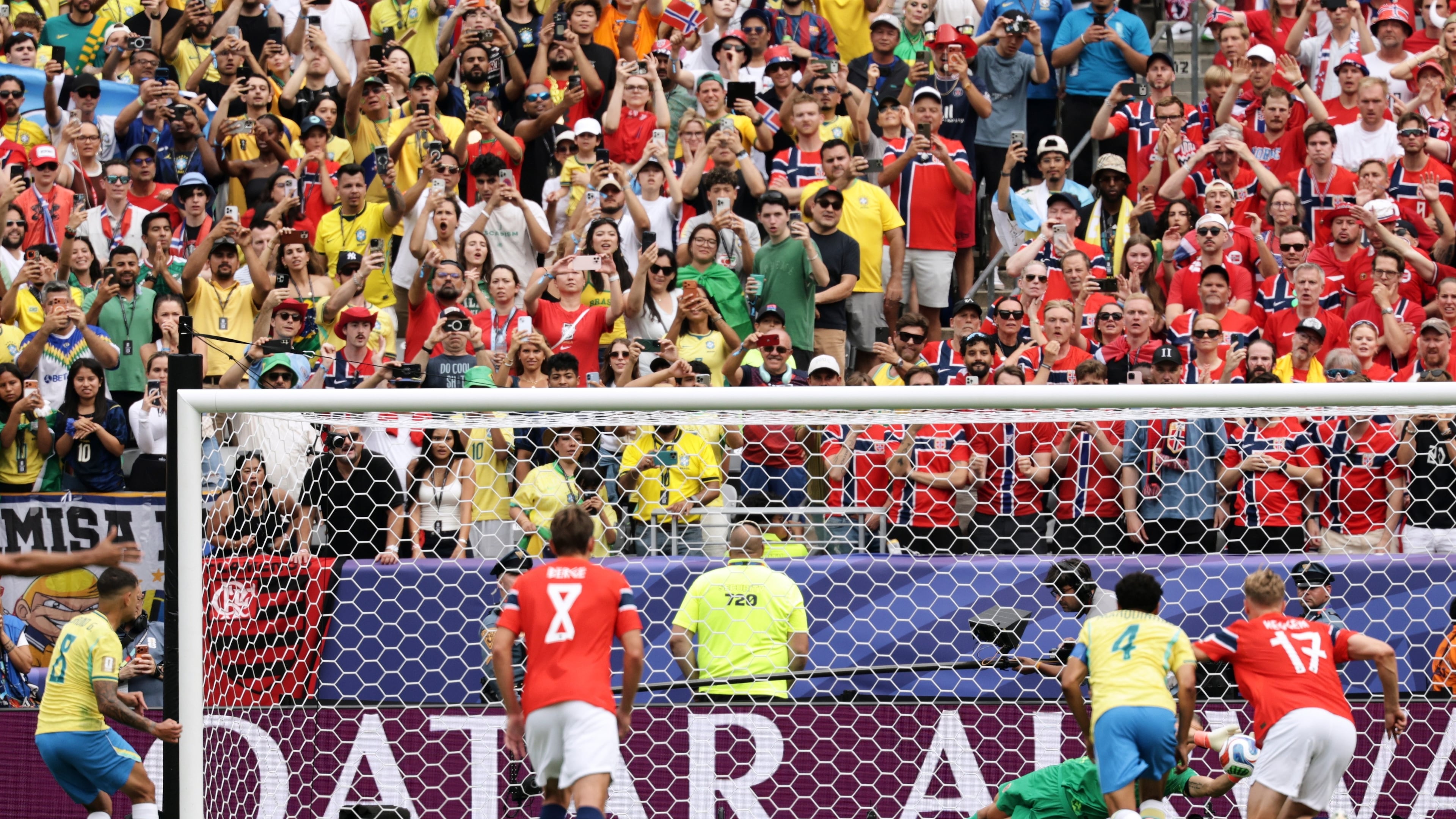 Brazil's Bruno Guimaraes (8) fails to score a penalty kick during the World Cup round of 16 soccer match between Brazil and Norway in East Rutherford, N.J., near New York, Sunday, July 5, 2026. (AP Photo/Adam Hunger)