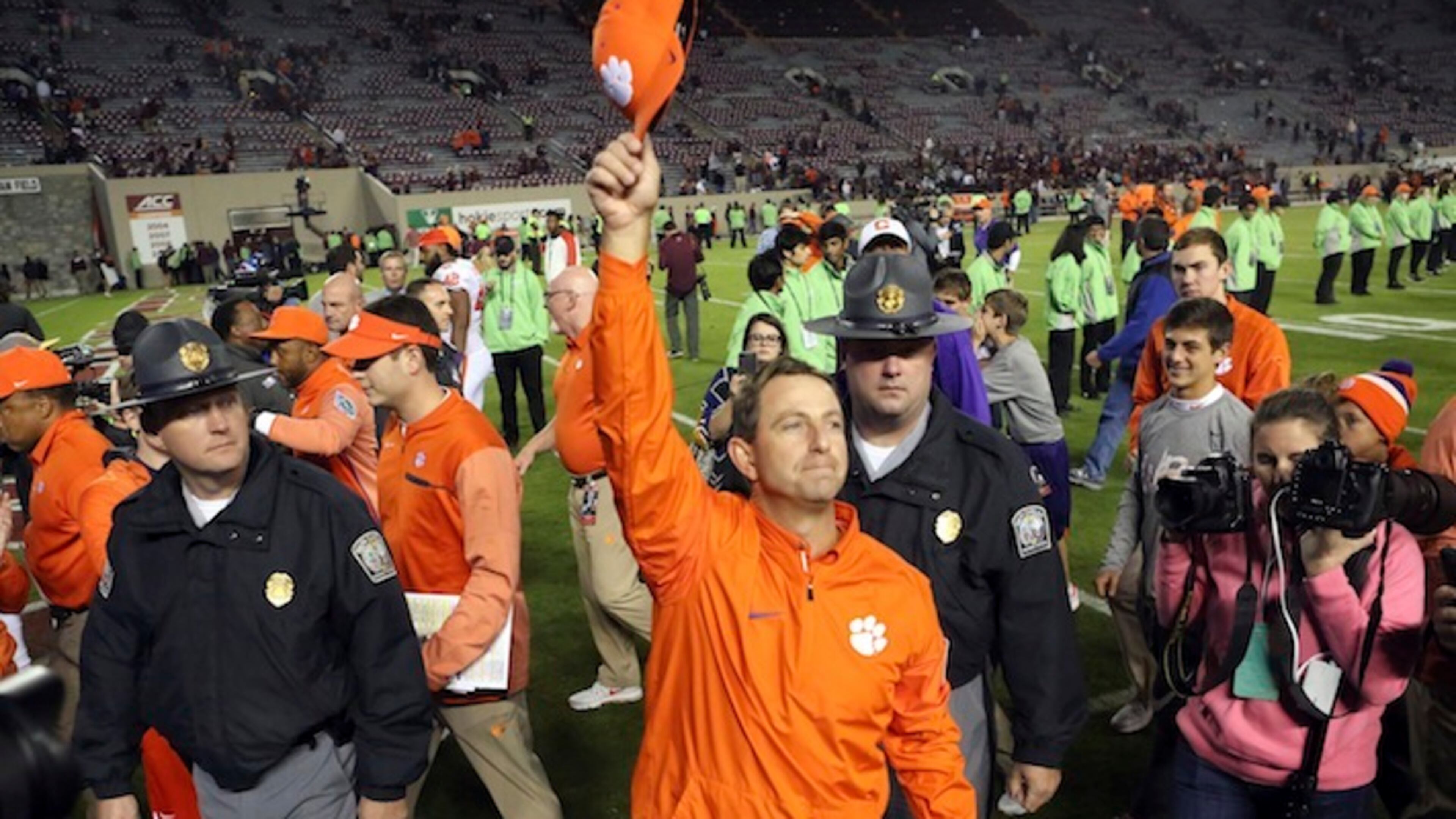 Clemson head coach Dabo Swinney celebrates winning the Virginia Tech-Clemson University football game in Blacksburg Saturday. Clemson won the game 31-17.