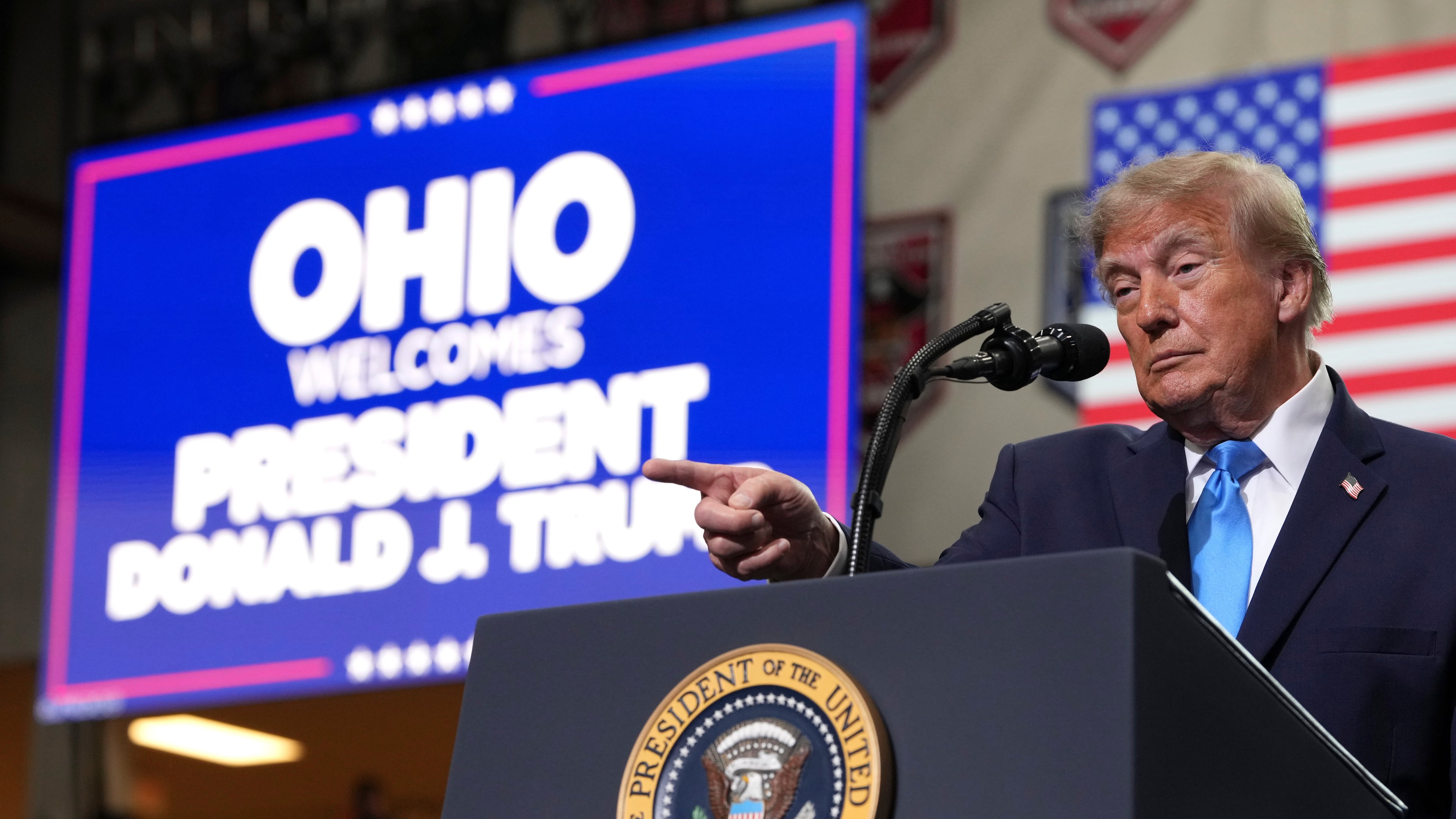 President Donald Trump speaks during an event at Butler High School in Vandalia, Ohio, Saturday, Oct. 3, 2026. (AP Photo/Mark Schiefelbein)
