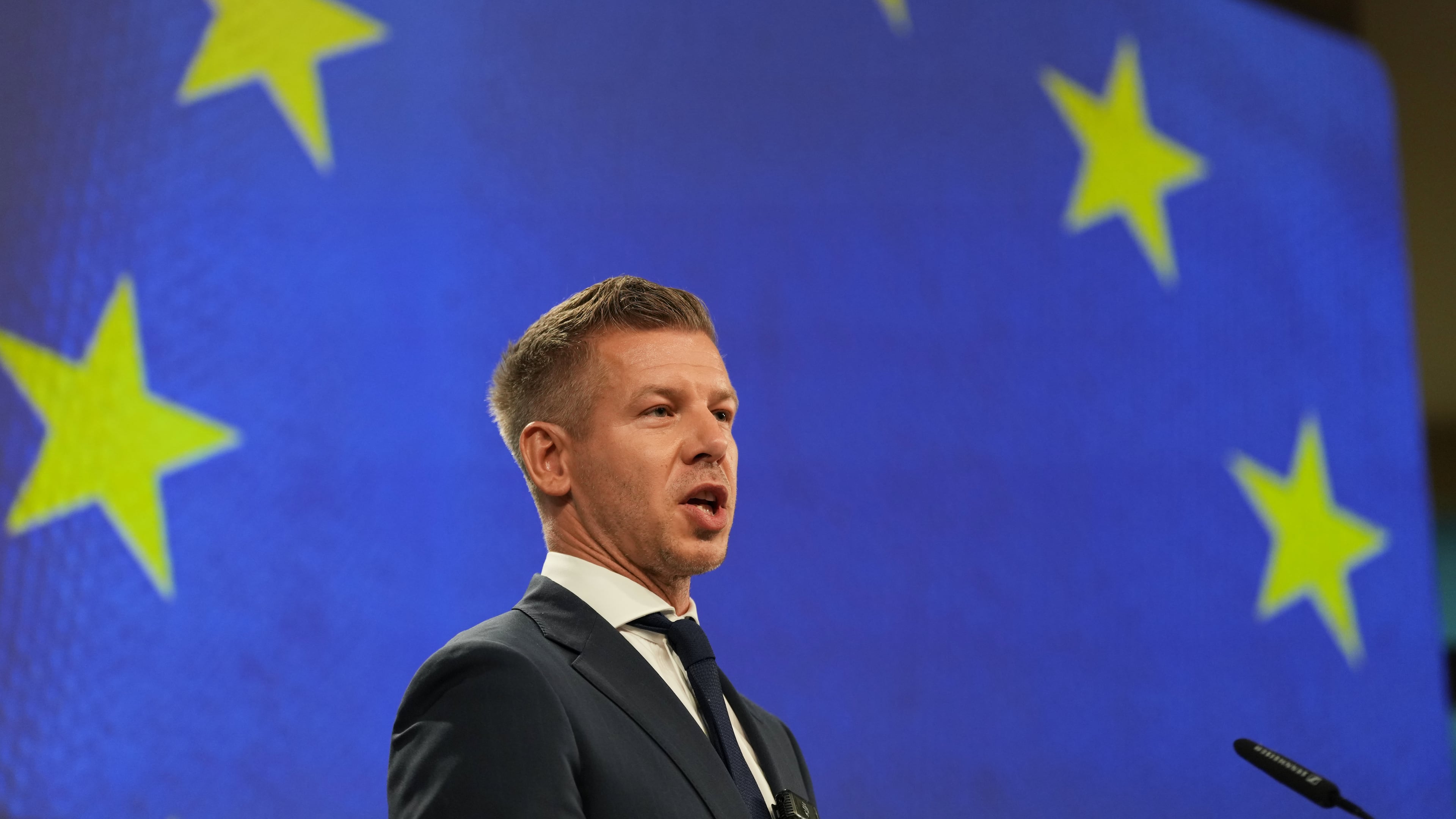 Hungary's Prime Minister Peter Magyar addresses the media at EU headquarters in Brussels, Friday, May 29, 2026. (AP Photo/Virginia Mayo)
