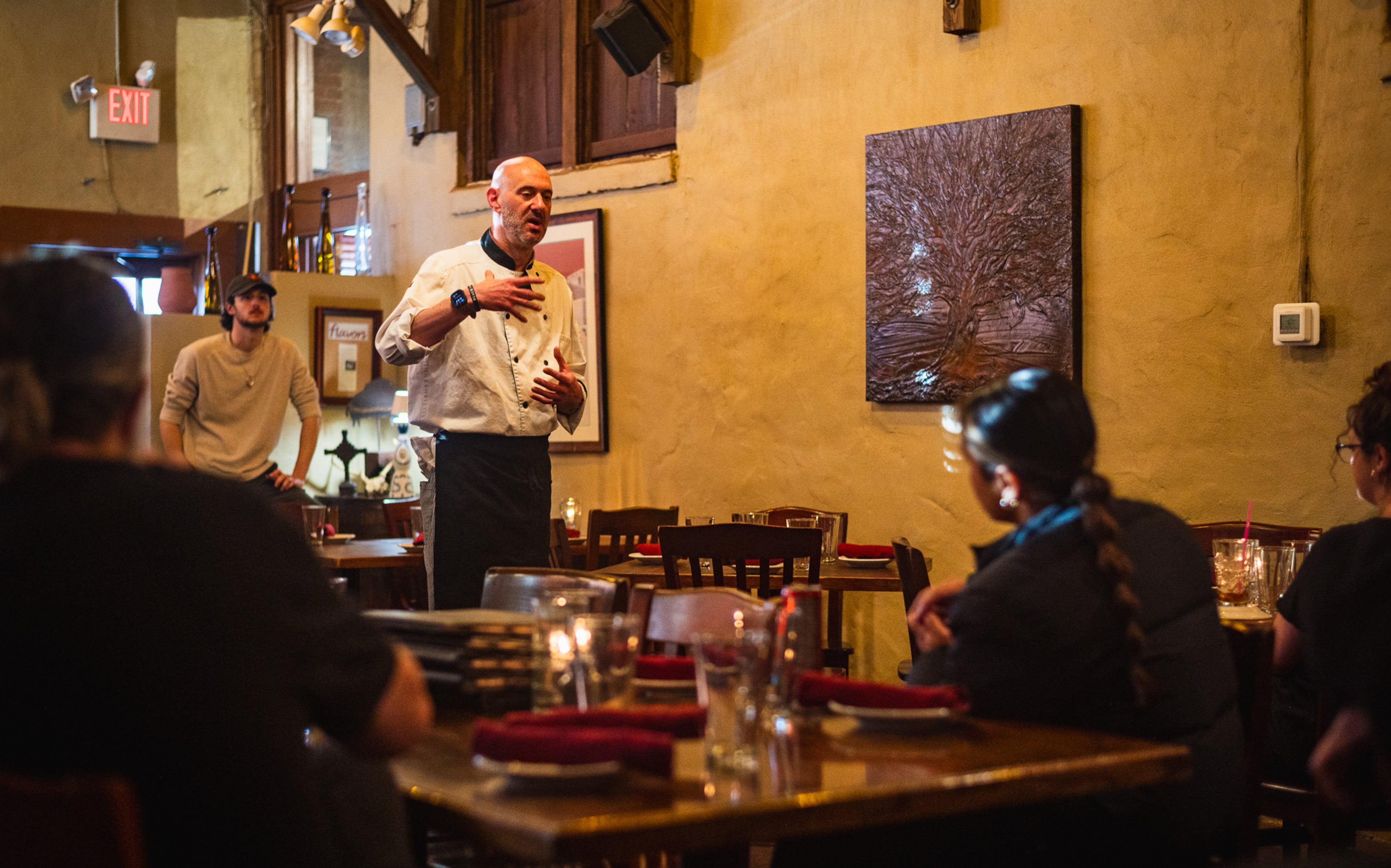 Agave chef and owner Jack Sobel addresses his employees before service on Thursday, Jan. 15, 2026. The Southwestern restaurant has been rooted on a prominent corner in Cabbagetown for the past 25 years. (Henri Hollis/AJC)