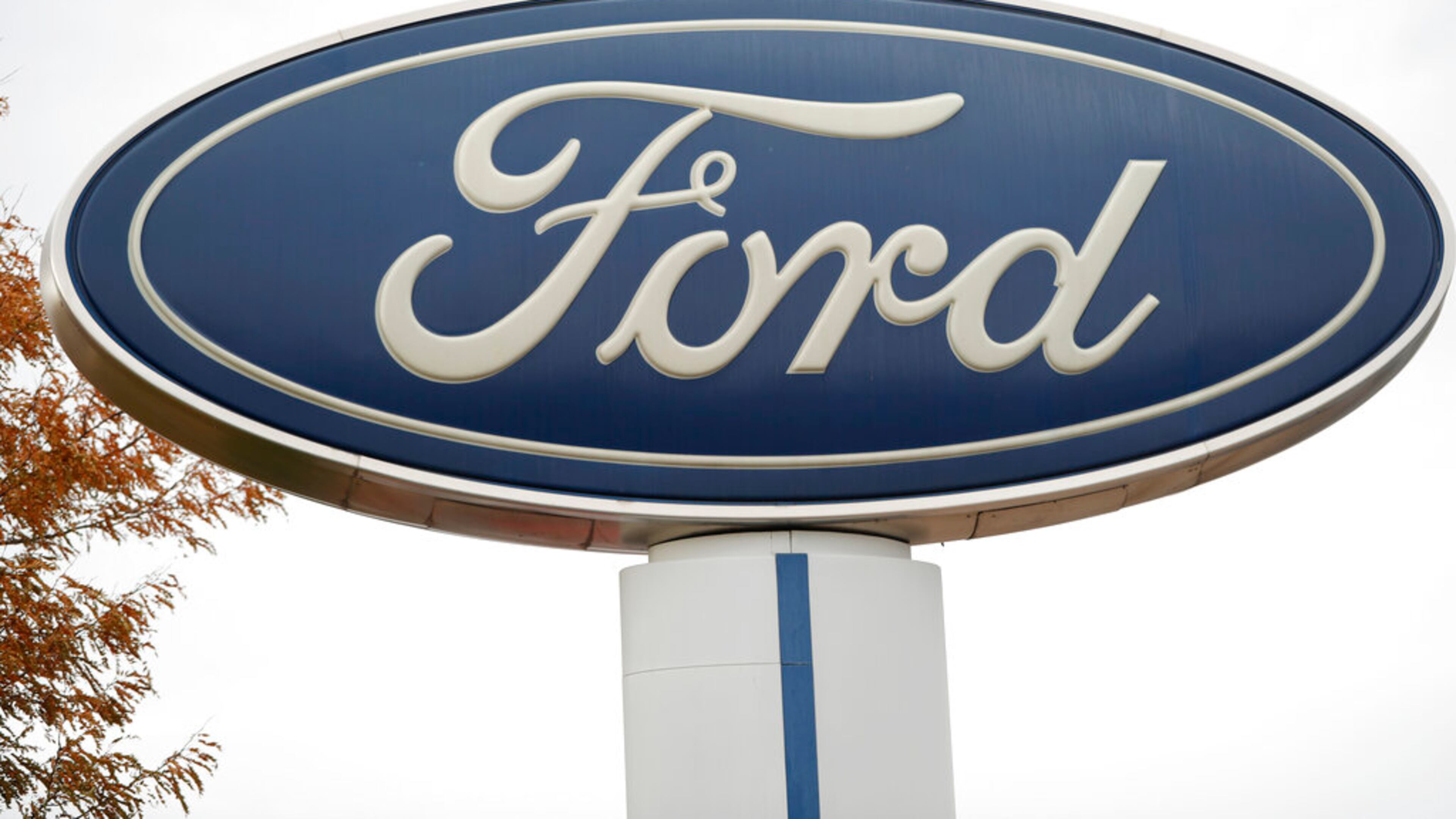 FILE - In this Oct. 20, 2019, file photo, the company logo stands over a long row of unsold vehicles at a Ford dealership in Littleton, Colo. Ford is recalling about 2.5 million vehicles in the U.S., Canada and elsewhere because of a nagging door latch problem and a brake fluid leak. The door latch recall covers more than 2.1 million cars, SUVs and vans in the U.S. The latches can fail and cause the doors to open while the vehicles are moving. It's the third recall for the same problem. (AP Photo/David Zalubowski, File)
