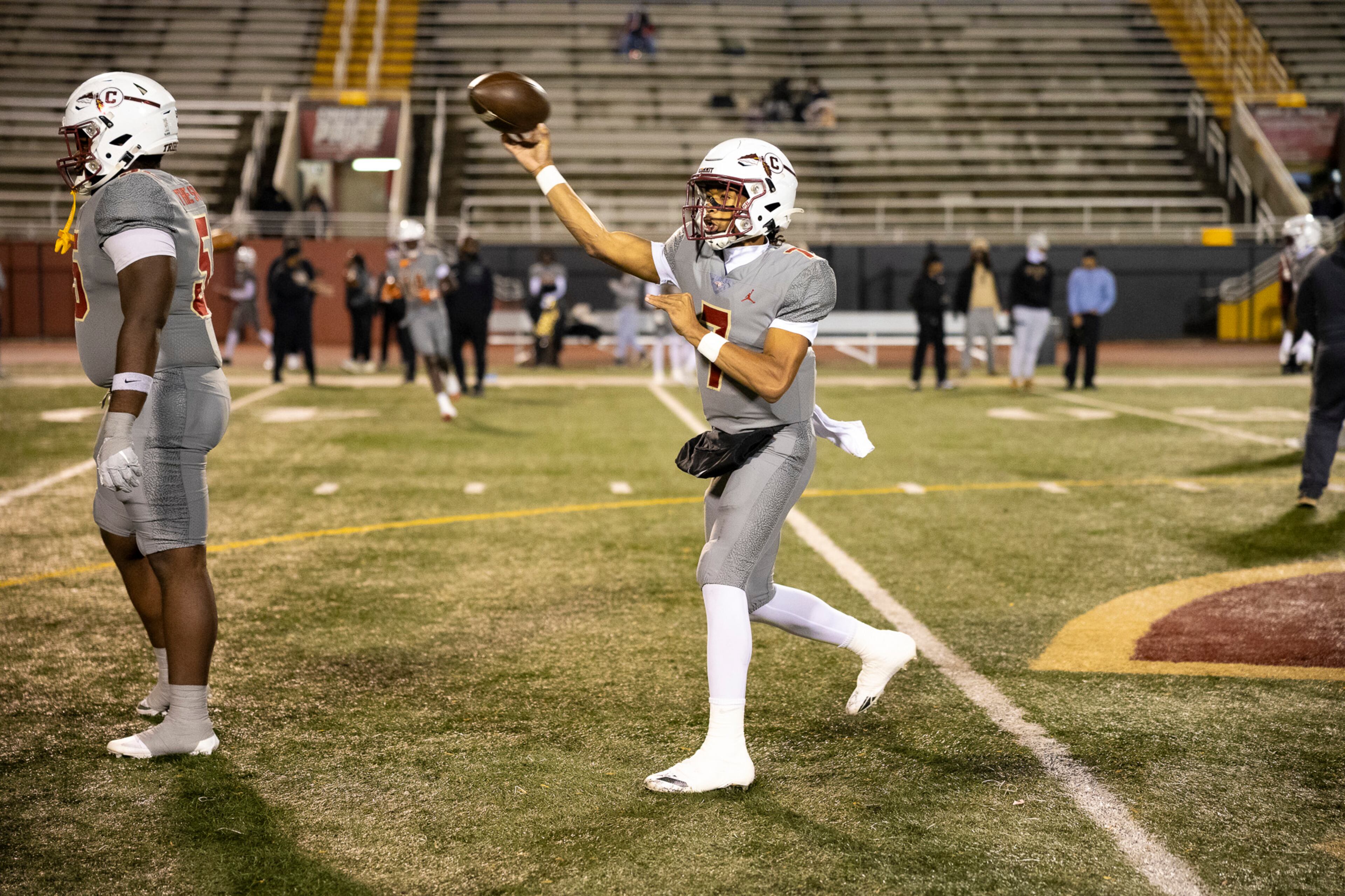 Creekside quarterback Cayden Benson makes a pass during warmups before the Class 4A semifinal against Kell on Friday, Dec. 5, 2025, at Creekside High School in Fairburn. (Oscar Guevara Saenz for the AJC)