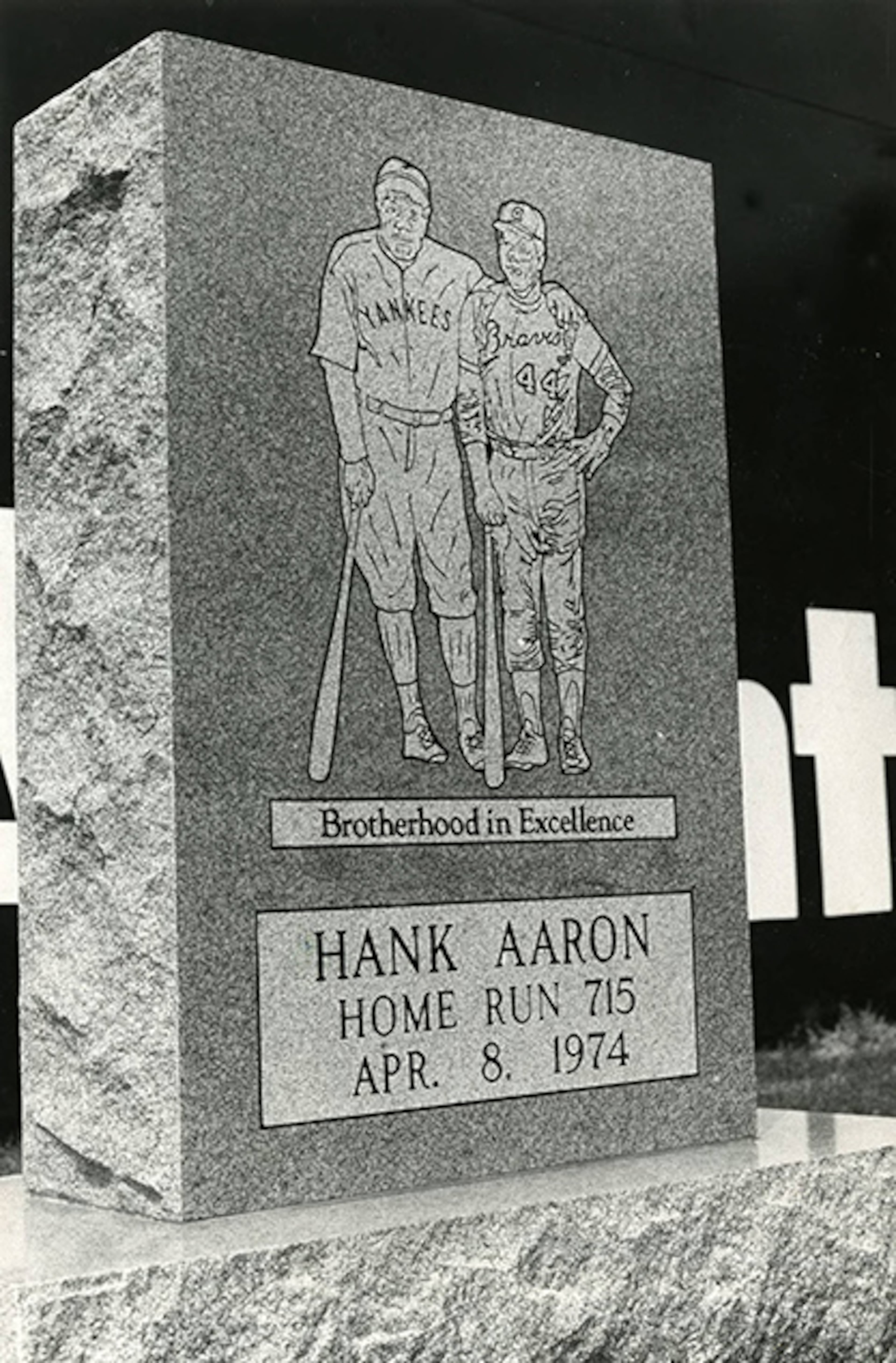 On April 8, 1974, Hank Aaron broke Babe Ruth's career home run record by hitting No. 715 over the fence in left-center field at Atlanta-Fulton County Stadium. The Braves commemorated the event with a marble monument at the stadium.