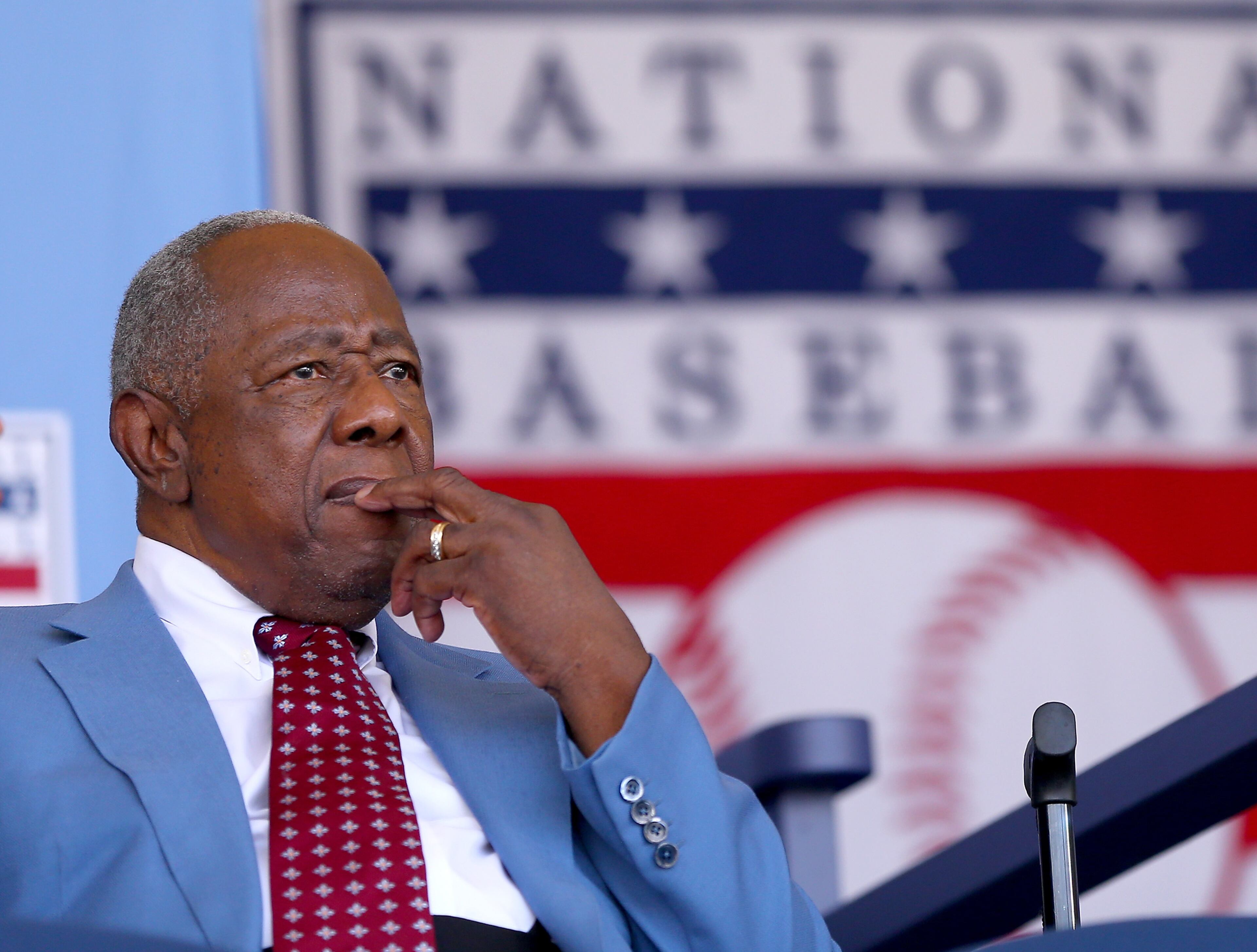 COOPERSTOWN, NY - JULY 26: Hank Aaron attends the Hall of Fame Induction Ceremony at National Baseball Hall of Fame on July 26, 2015 in Cooperstown, New York. Craig Biggio,Pedro Martinez,Randy Johnson and John Smoltz were inducted in this year's class. (Photo by Elsa/Getty Images)