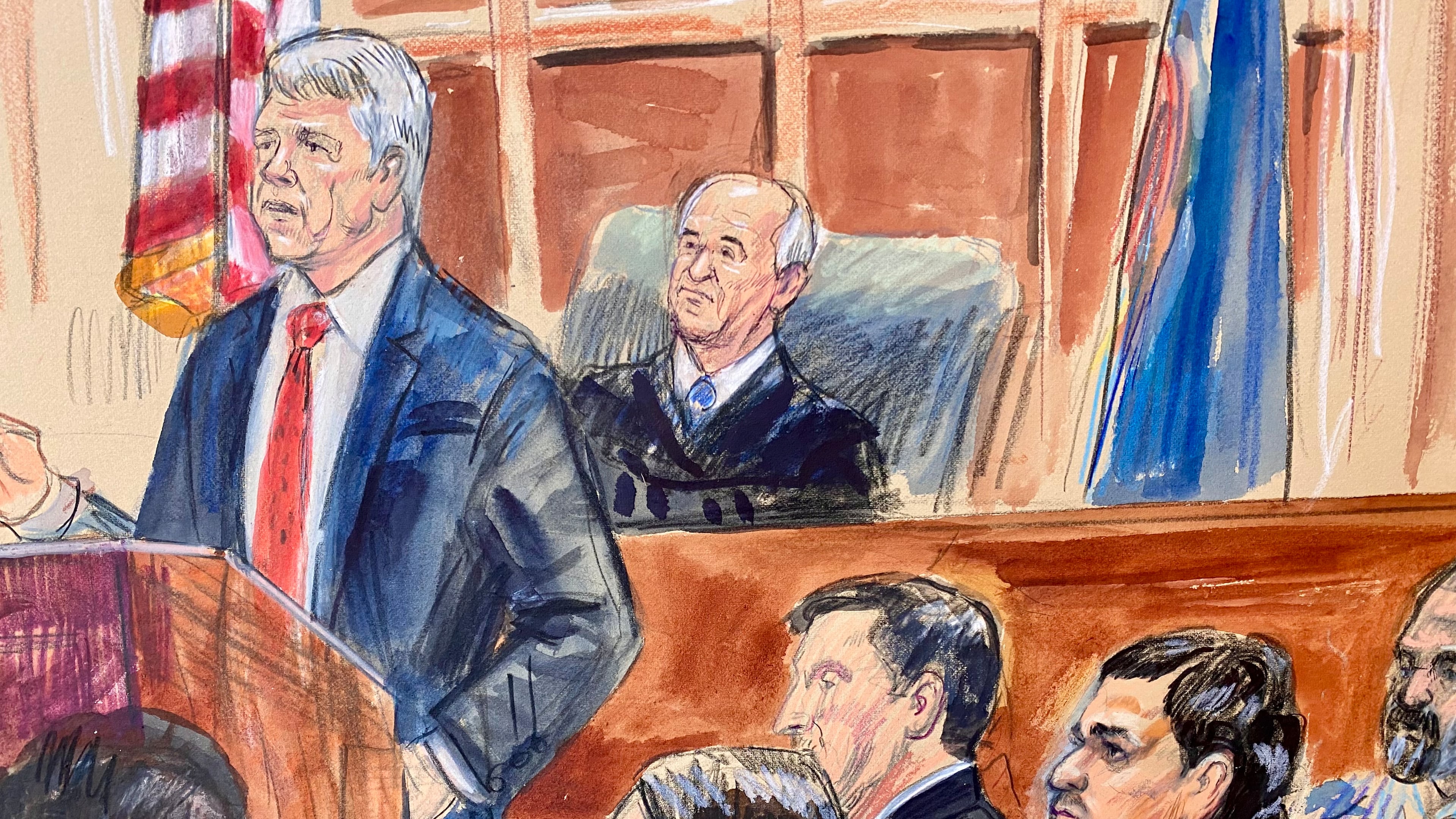 This courtroom sketch depicts Justice Department prosecutor John Gibbs speaking as defense attorneys Lauren Rosen, Geremy Kamens, from center middle seated, defendant Mohammad Sharifullah, and an interpreter, listen along with Judge Anthony John Trenga during the opening day of the trial for Sharifullah in federal court in Alexandria, Va., Monday, April 20, 2026. (Dana Verkouteren via AP)