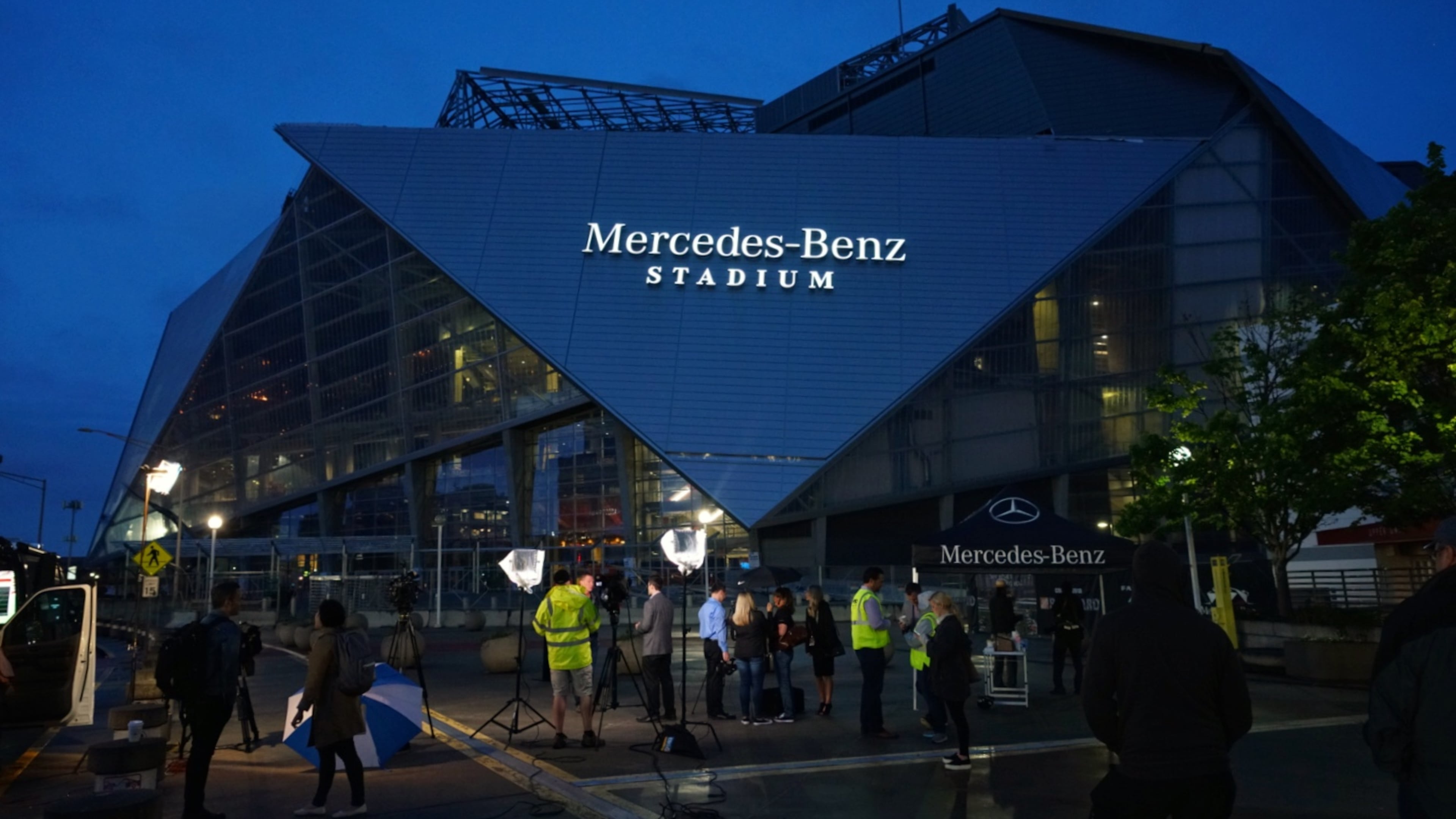 The lighting was turned on Thursday morning on the Mercedes-Benz Stadium signage on the outside of the new stadium in downtown Atlanta. (Contributed photo by Jason Hales/Mercedes-Benz)