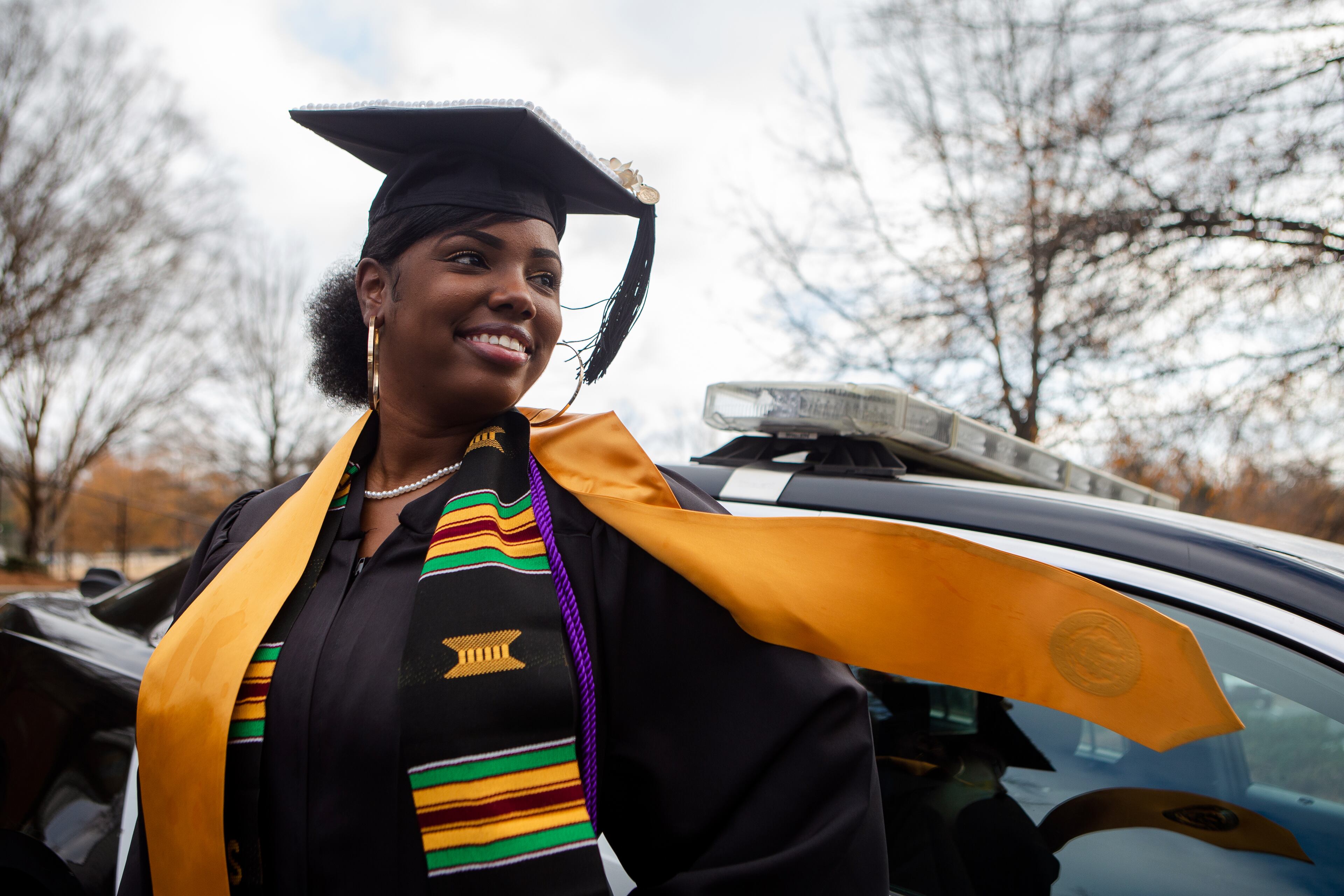 Miaja Jefferson, former intern with the Smyrna Police Department, poses for a portrait on Thursday, December 17, 2020, at the Smyrna Police Department headquarters in Smyrna, Georgia. Jefferson overcame the personal challenges of having a child and being in fostercare as a teenager to earn her bachelor's degree in criminal justice from Kennesaw State University. She is in the process of applying to be a Cobb County police officer and hopes to eventually become an FBI agent. CHRISTINA MATACOTTA FOR THE ATLANTA JOURNAL-CONSTITUTION.