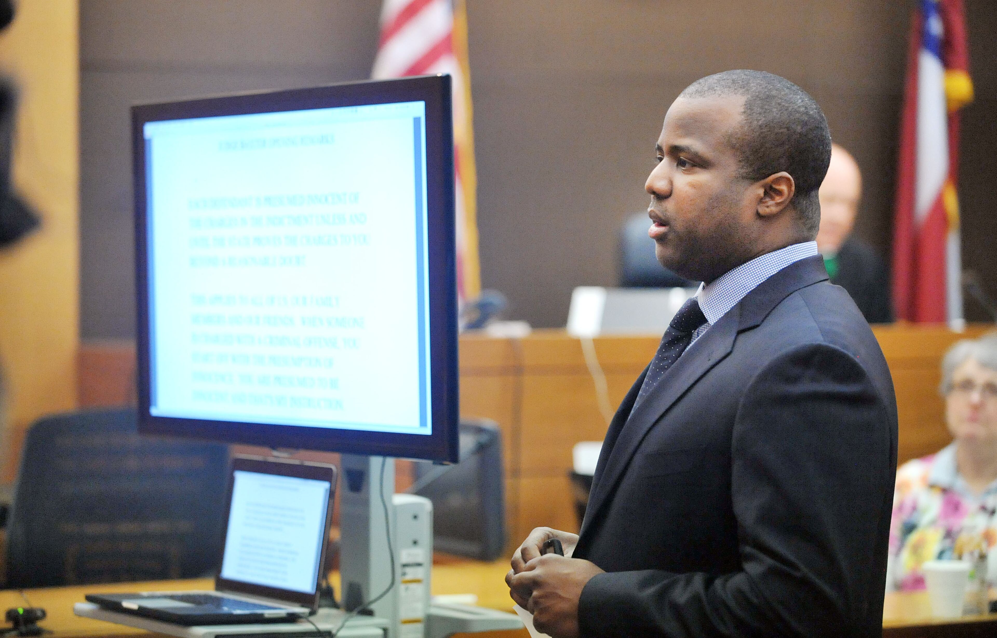 Defense attorney Benjamin Davis makes a closing statement Tuesday on behalf of his client Tamara Cotman, a former APS administrator who had oversight of 21 schools. Davis also represented Cotman in 2013, when she first went on trial in the APS cheating scandal and was found not guilty of influencing a witness. (Atlanta Journal-Constitution, Kent D. Johnson, Pool)