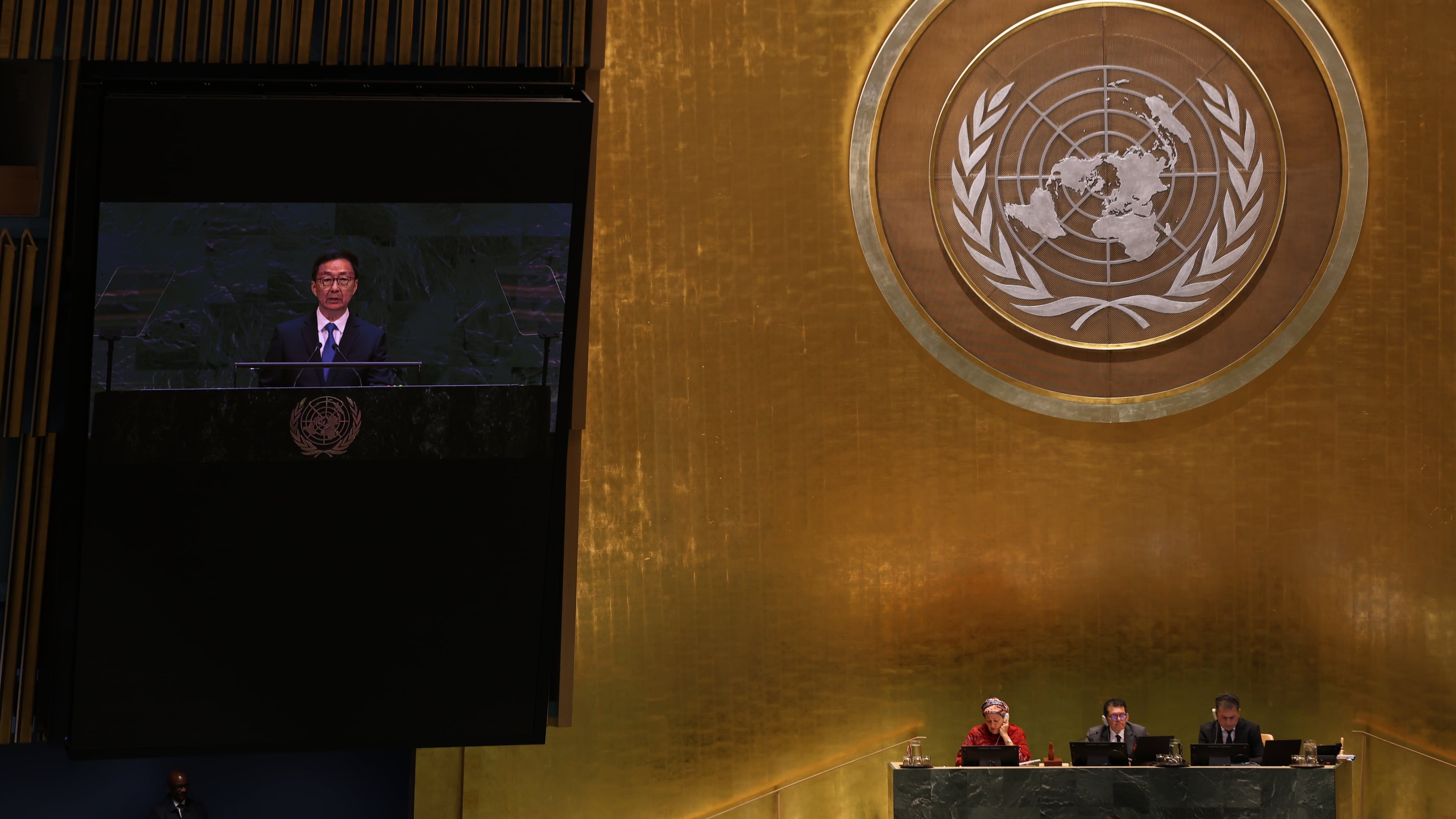 Chinese Vice President Han Zheng speaks during the 81st session of the United Nations General Assembly at United Nations headquarters, Saturday, Sept. 26, 2026. (AP Photo/Heather Khalifa)