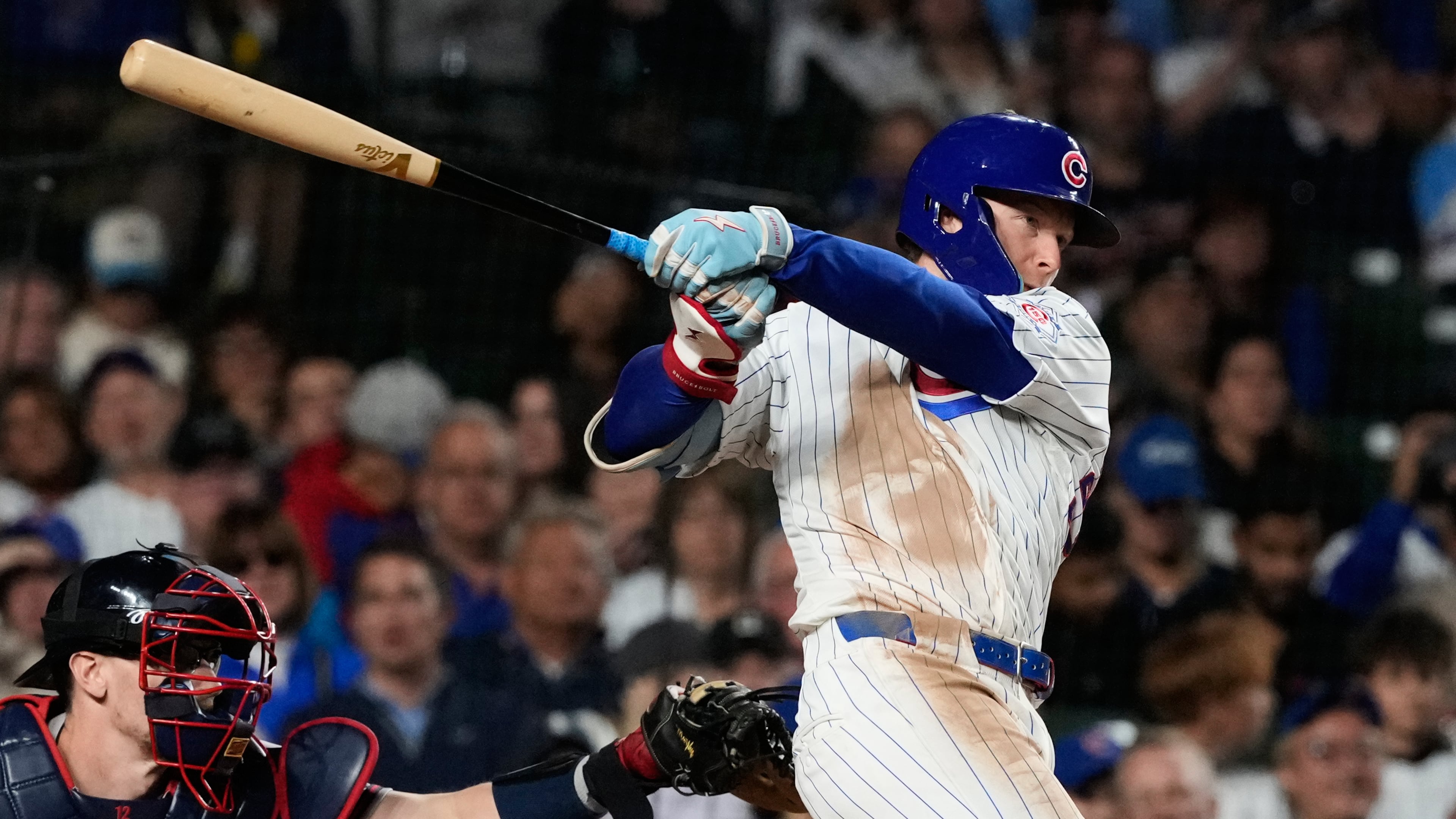 Chicago Cubs' Pete Crow-Armstrong hits a two-run home run during the sixth inning of a baseball game against the Atlanta Braves in Chicago, Monday, Sept. 14, 2026. (AP Photo/Nam Y. Huh)