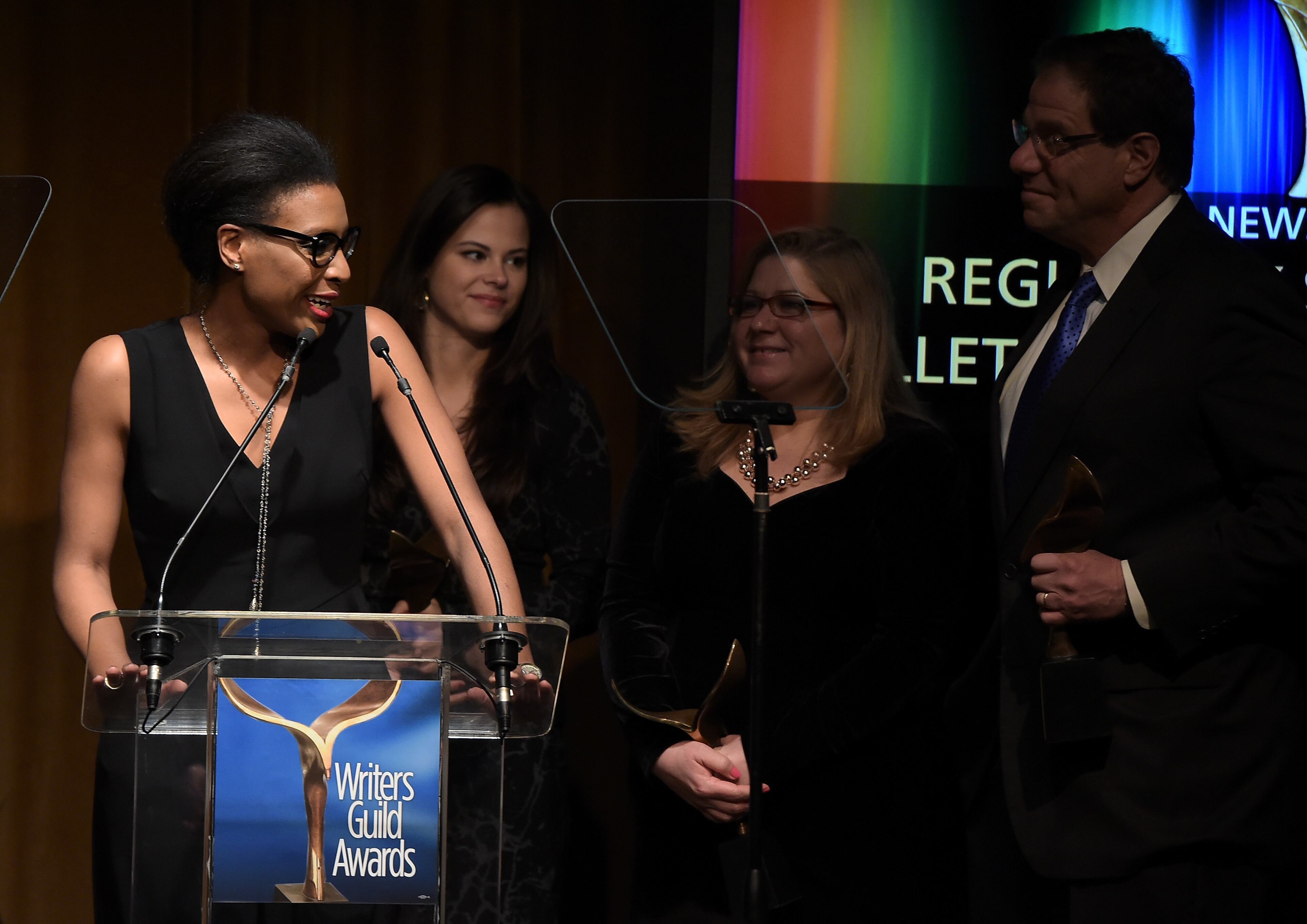 NEW YORK, NY - FEBRUARY 13: Nicole Young, Oriana Zill de Granados and Andy Court speak onstage during the 68th Annual Writers Guild Awards at Edison Ballroom on February 13, 2016 in New York City. (Photo by Theo Wargo/Getty Images For The Writers Guild Of America)
