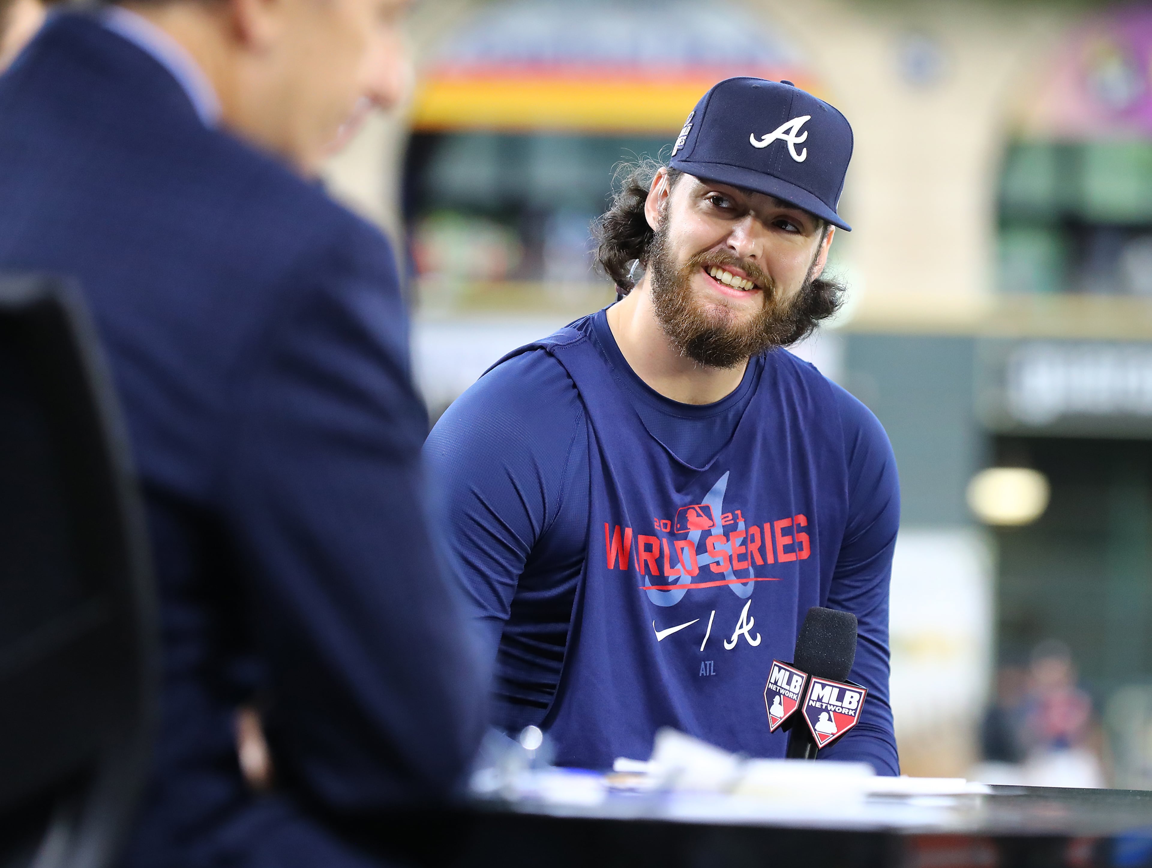 Braves pitcher Ian Anderson is all smiles while he is interviewed by MLB announcers on the set at Minute Maid Park before playing the Astros in game 2 of the World Series on Wednesday, Oct. 27, 2021, in Houston. “Curtis Compton / Curtis.Compton@ajc.com”