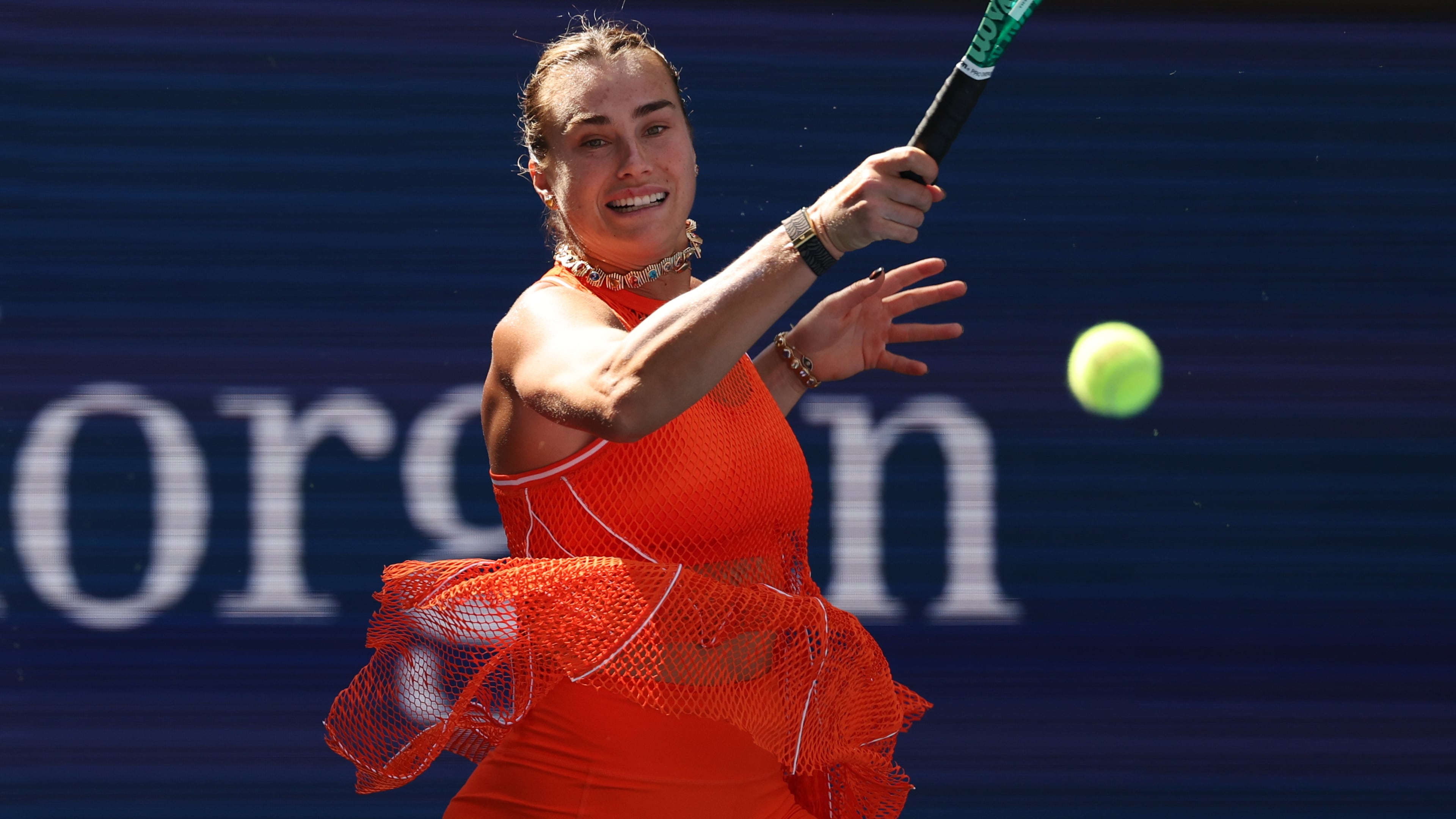 Aryna Sabalenka, of Belarus, returns the ball to Kamilla Rakhimova, of Uzbekistan, during the third round of the U.S. Open tennis championships Friday, Sept. 4, 2026, in New York. (AP Photo/Heather Khalifa)
