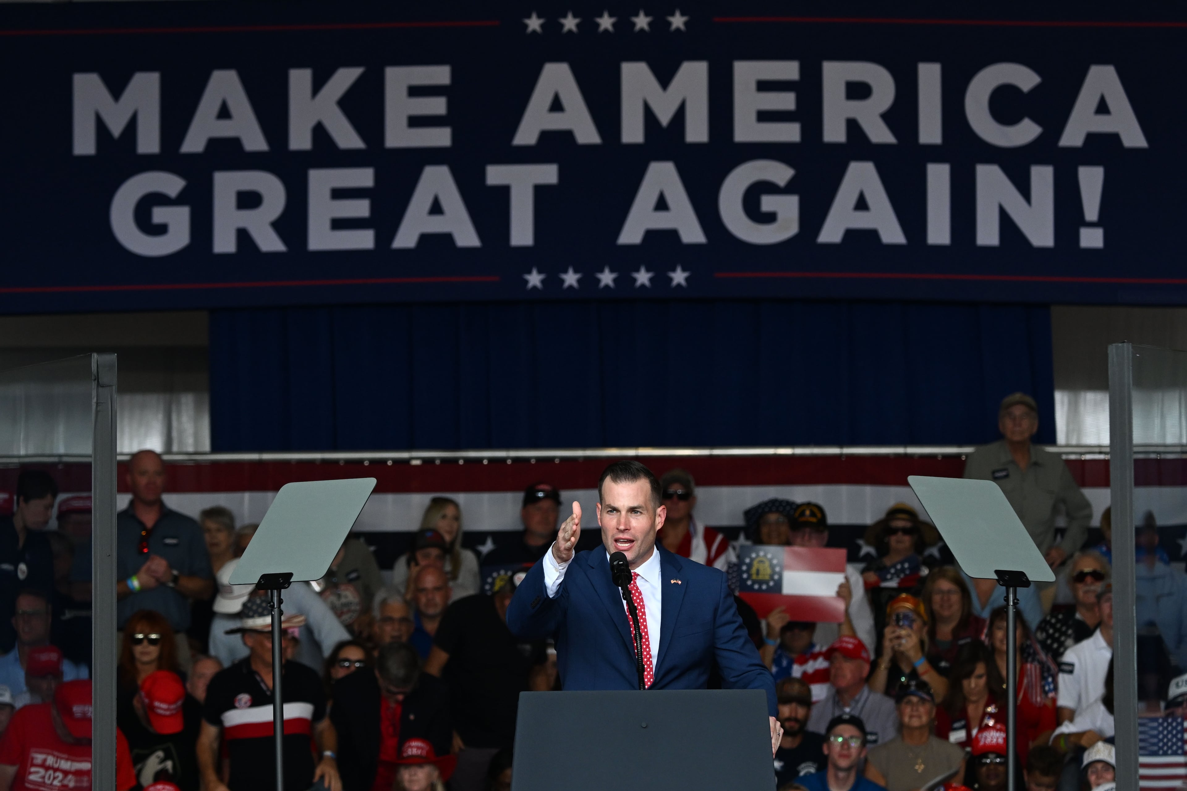 Congressman Clay Fuller speaks during a campaign rally at Dalton Municipal Airport on Friday, Oct. 16, 2026, in Dalton. (Hyosub Shin/AJC)
