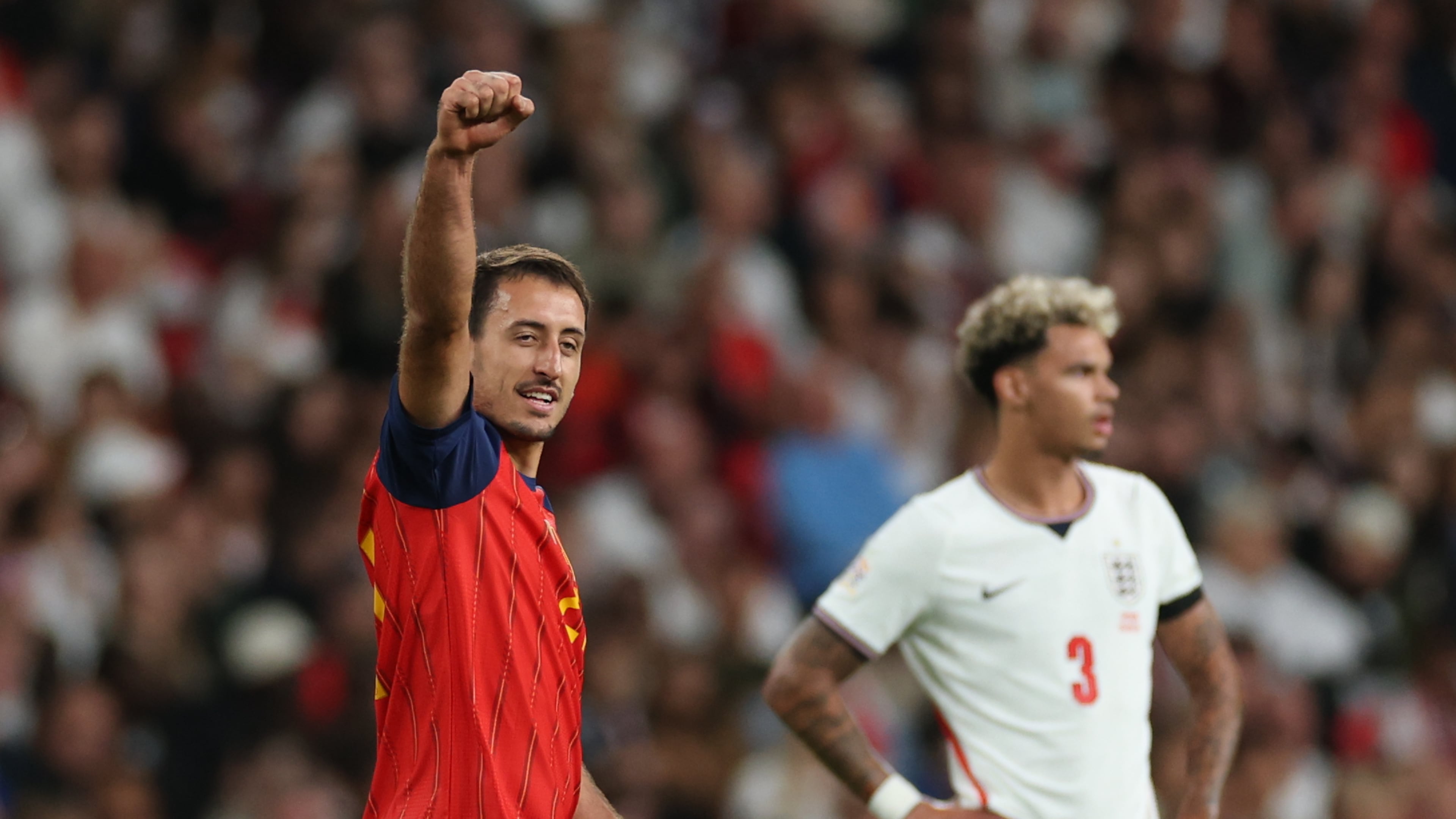 Spain's Mikel Oyarzabal, left celebrates after scoring his sides third goal during the Nations League Soccer match between England and Spain in London, Saturday, Sept. 26, 2026. (AP Photo/Ian Walton)