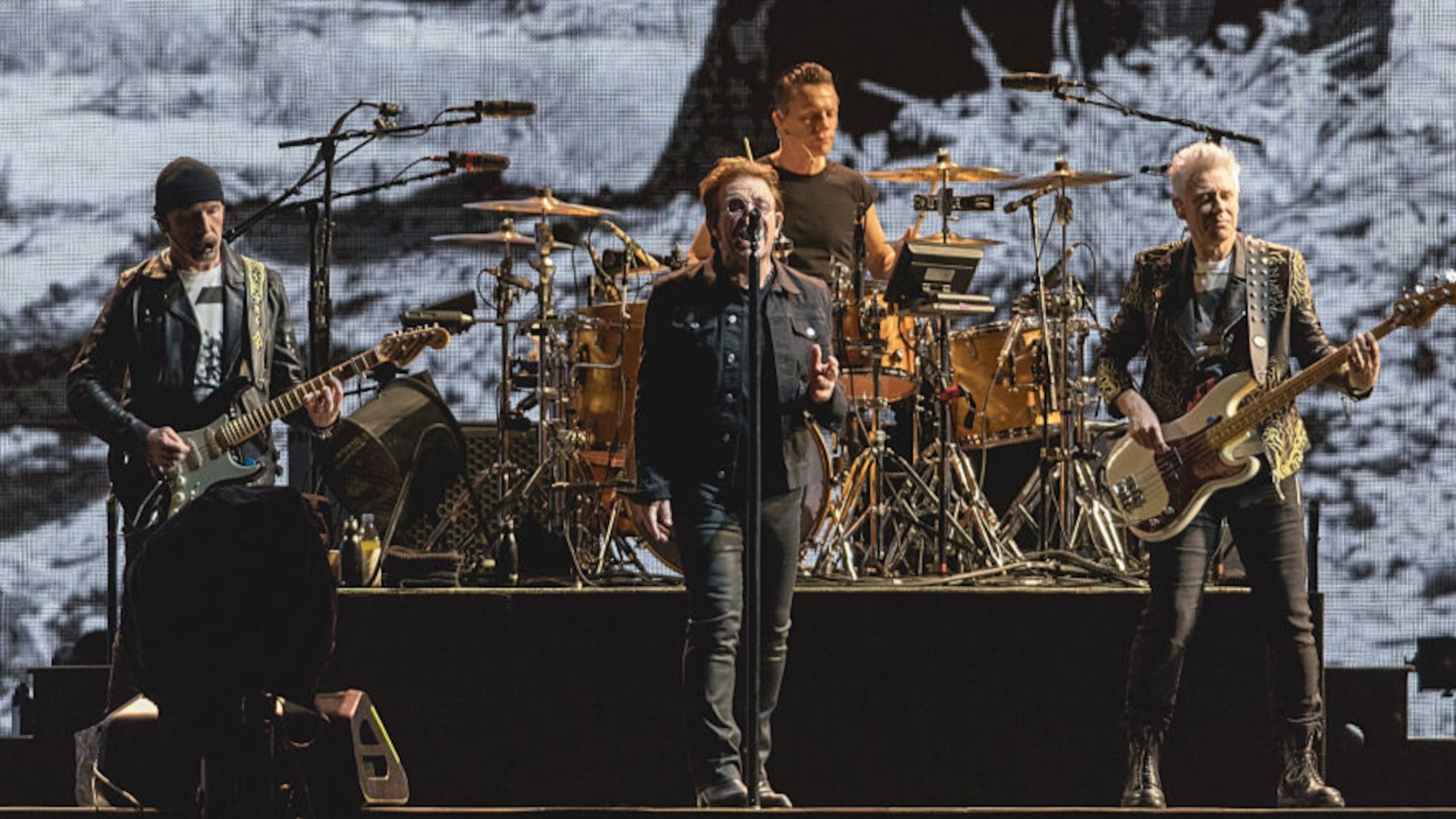 Left to right, The Edge, Bono, Larry Mullen Jr., and Adam Clayton of U2 perform in concert during The Joshua Tree Tour 2017 at NRG Stadium in Houston.