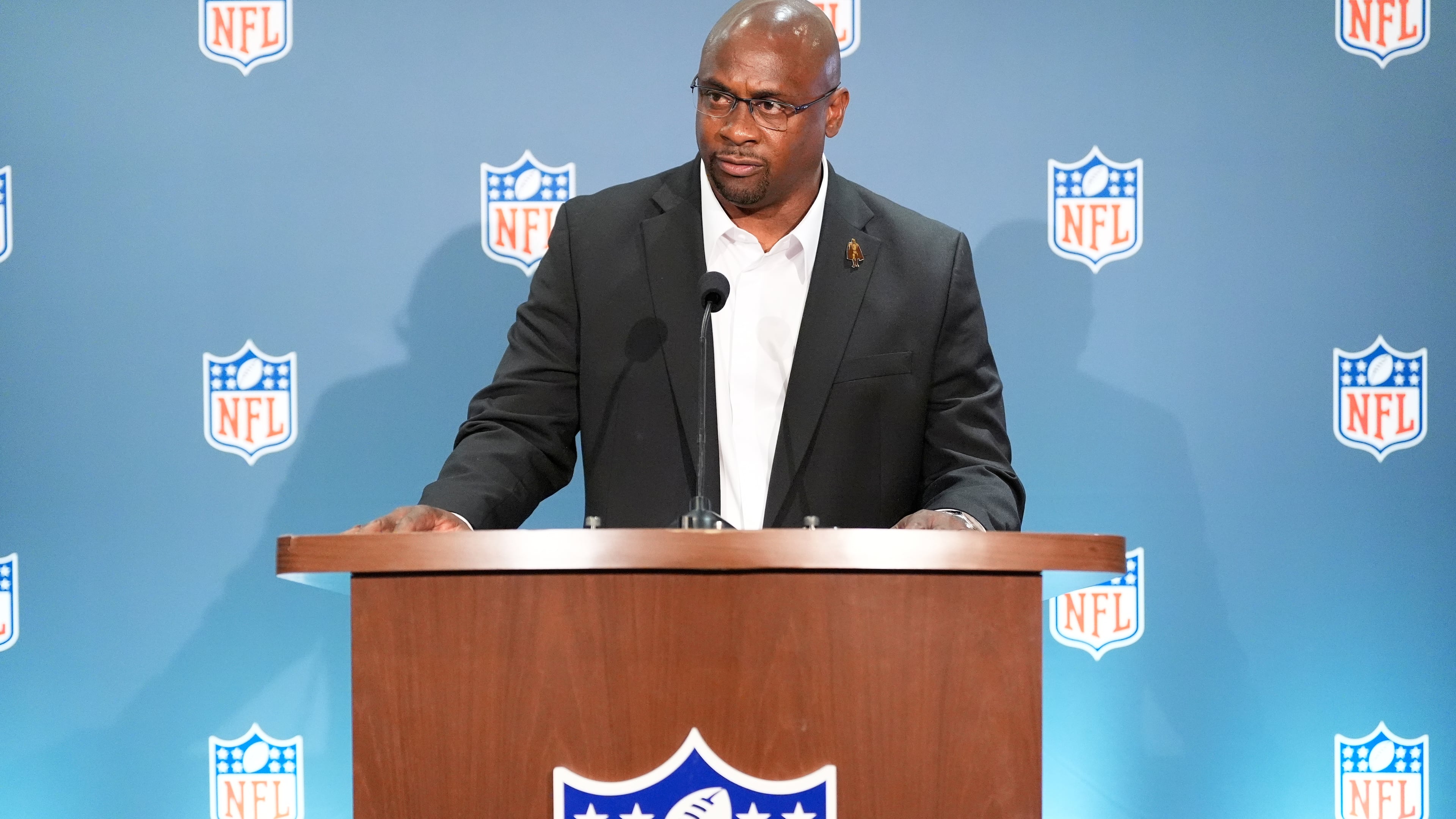 Troy Vincent speaks during a news conference at an NFL football owners meeting on Wednesday, Aug. 26, 2026, in Atlanta. (AP Photo/Brynn Anderson)