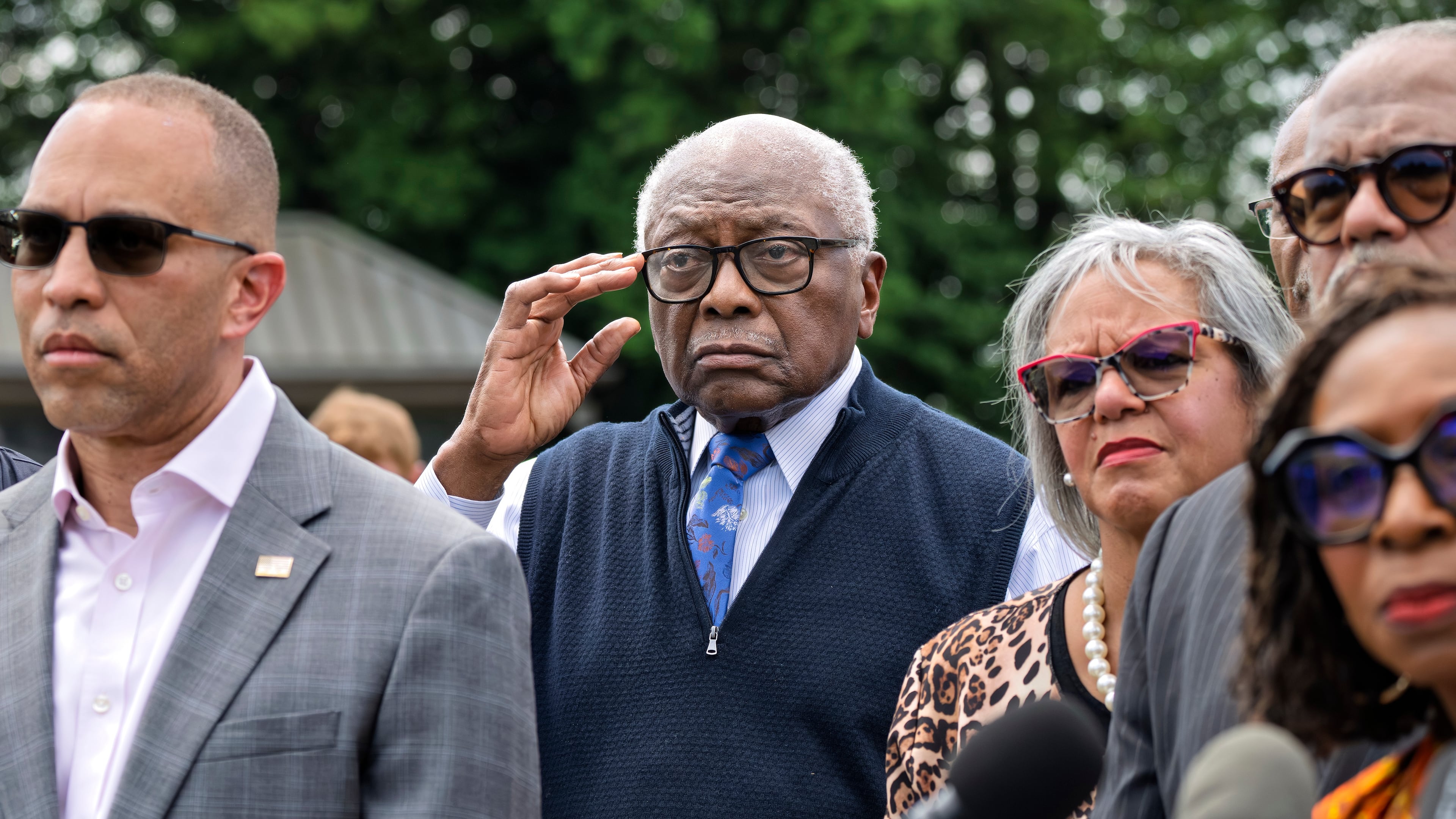 Rep. Jim Clyburn, D-S.C., center, joined by House Minority Leader Hakeem Jeffries, D-N.Y., left, stands with members of the Congressional Black Caucus during an event outside the Capitol in Washington, Tuesday, May 19, 2026. (AP Photo/J. Scott Applewhite)