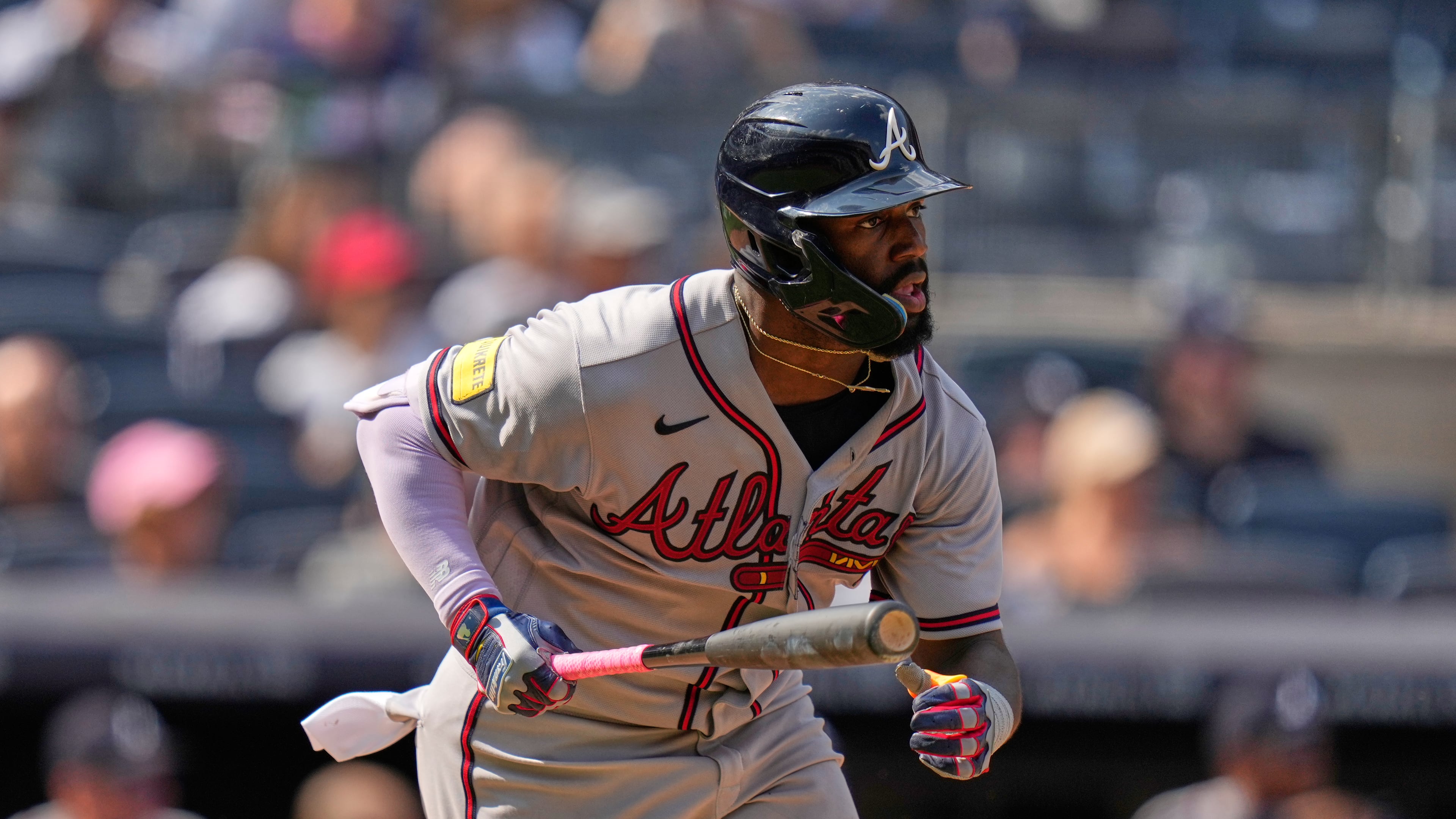Atlanta Braves' Michael Harris II watches his RBI single during the 10th inning of a baseball game against the New York Yankees, Sunday, Aug. 9, 2026, in New York. (AP Photo/Seth Wenig)