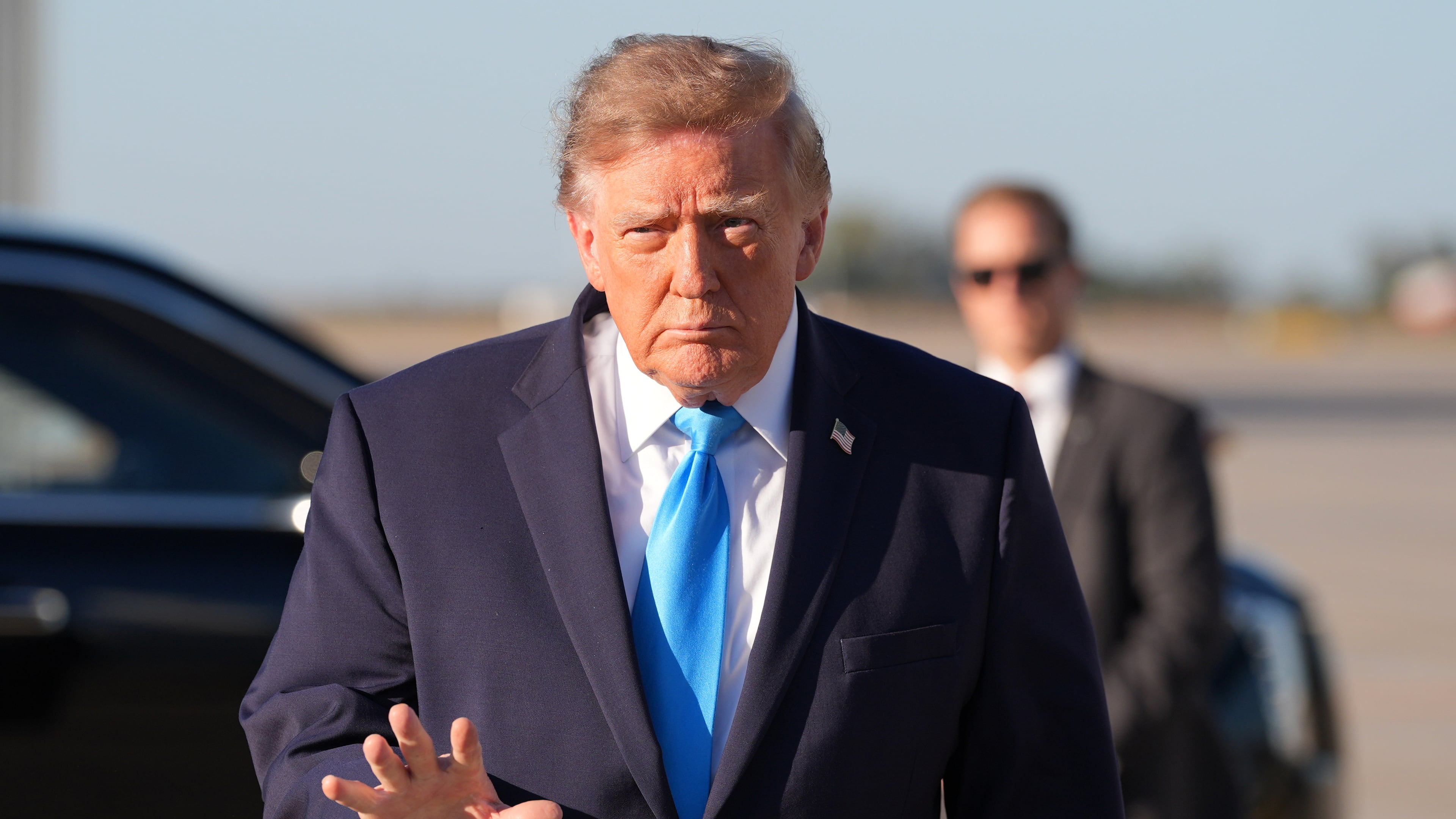 President Donald Trump arrives on Air Force One at Central Nebraska Regional Airport, Monday, Oct. 5, 2026, in Grand Island, Neb. (AP Photo/Alex Brandon)