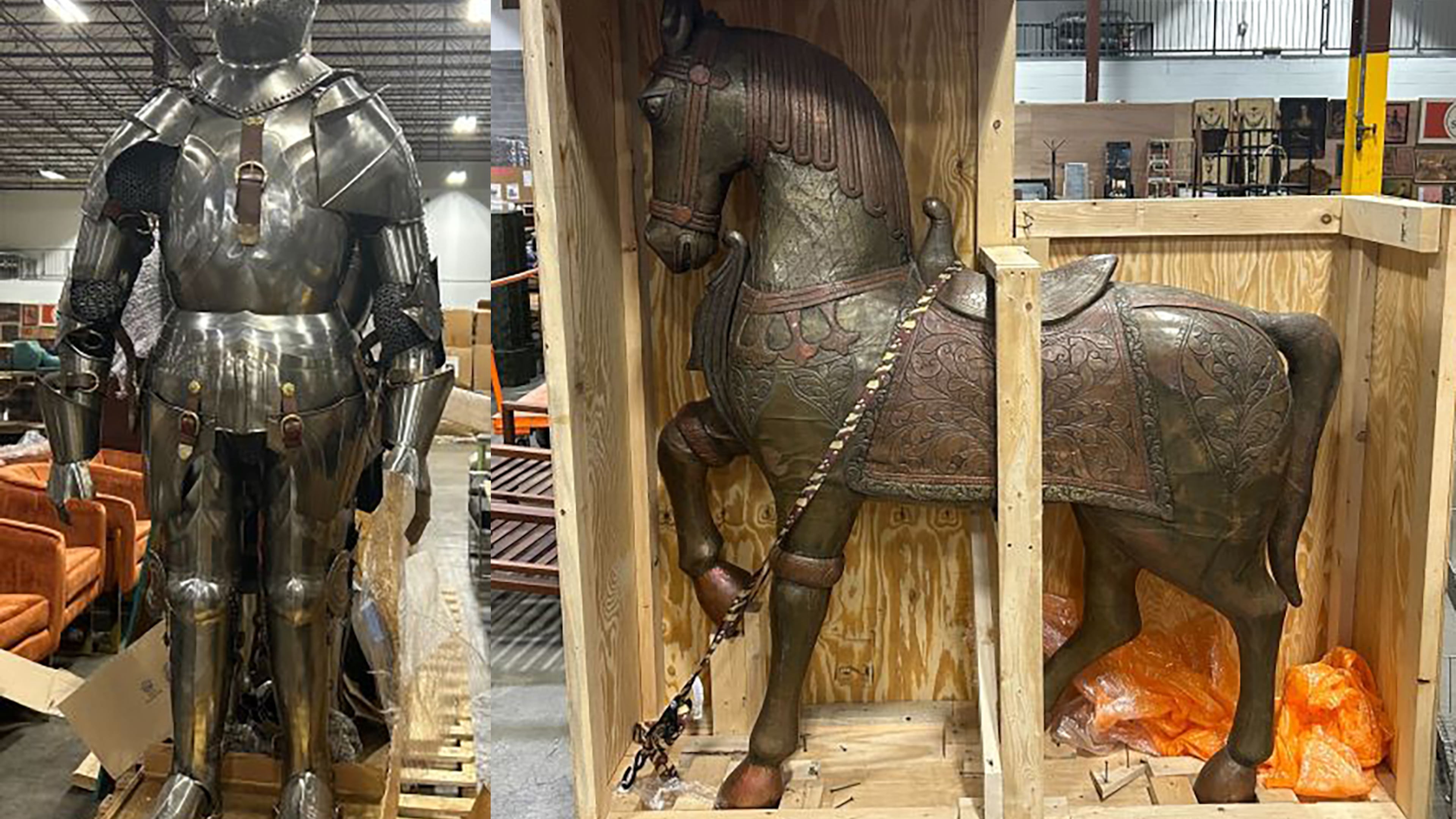 A massive prop sale is happening in Atlanta for five days starting Oct. 30, 2024. Among the items: full-sized suit of armor and a large medieval horse. PEACHTREE BATTLE ESTATE SALES