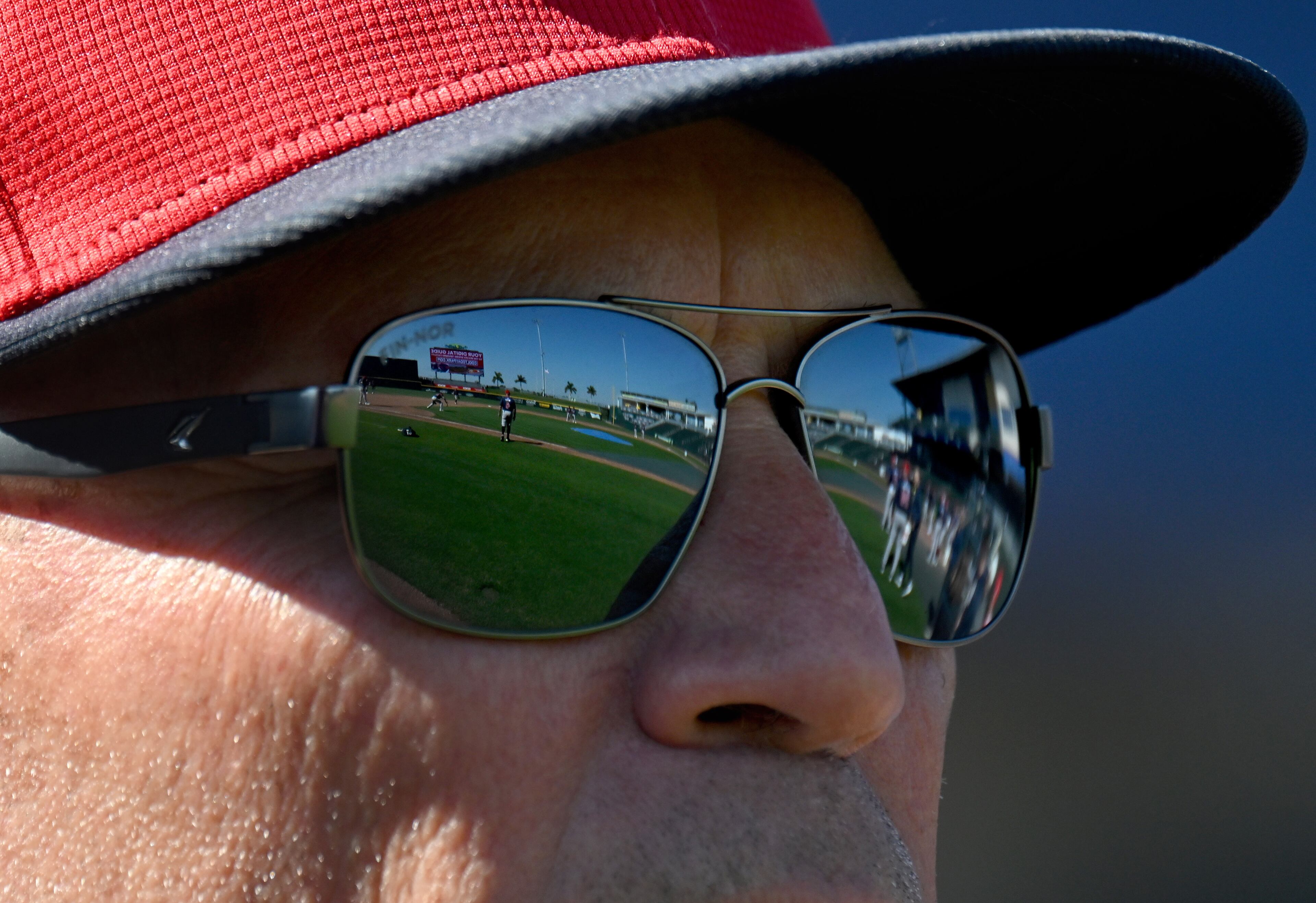 Atlanta Braves manager Brian Snitker watches workouts during spring training workouts at CoolToday Park, Wednesday, Feb. 21, 2024, in North Port, Florida. (Hyosub Shin / Hyosub.Shin@ajc.com)