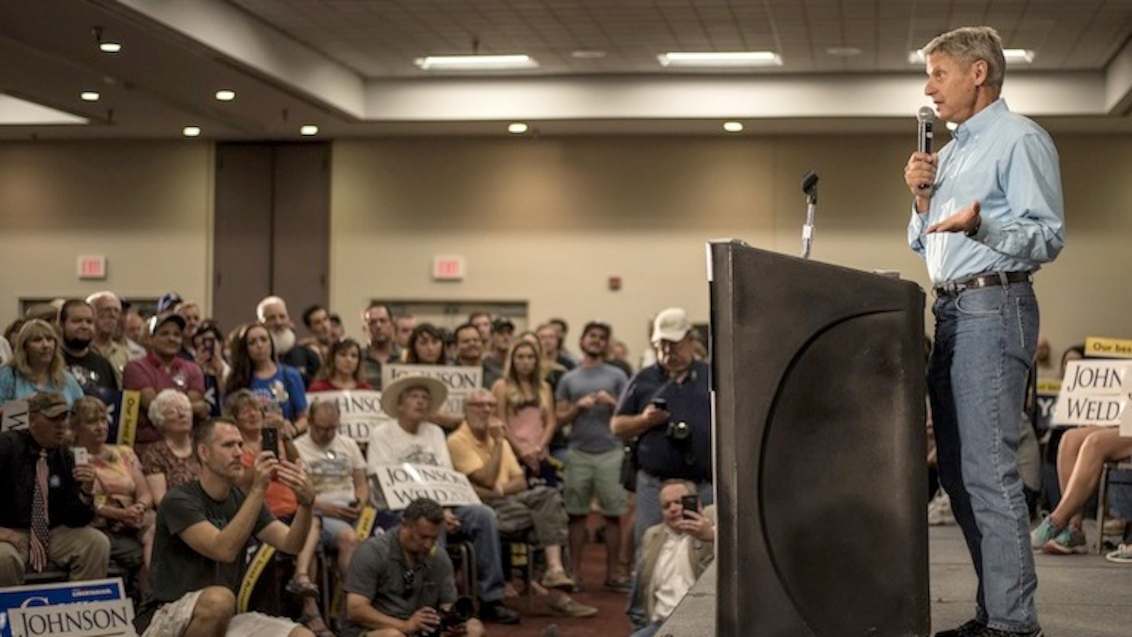 Gary Johnson, 2016 Libertarian presidential nominee, speaks during a campaign event at the Albuquerque Convention Center in Albuquerque, New Mexico, on Aug. 20. MUST CREDIT: Sergio Flores, Bloomberg