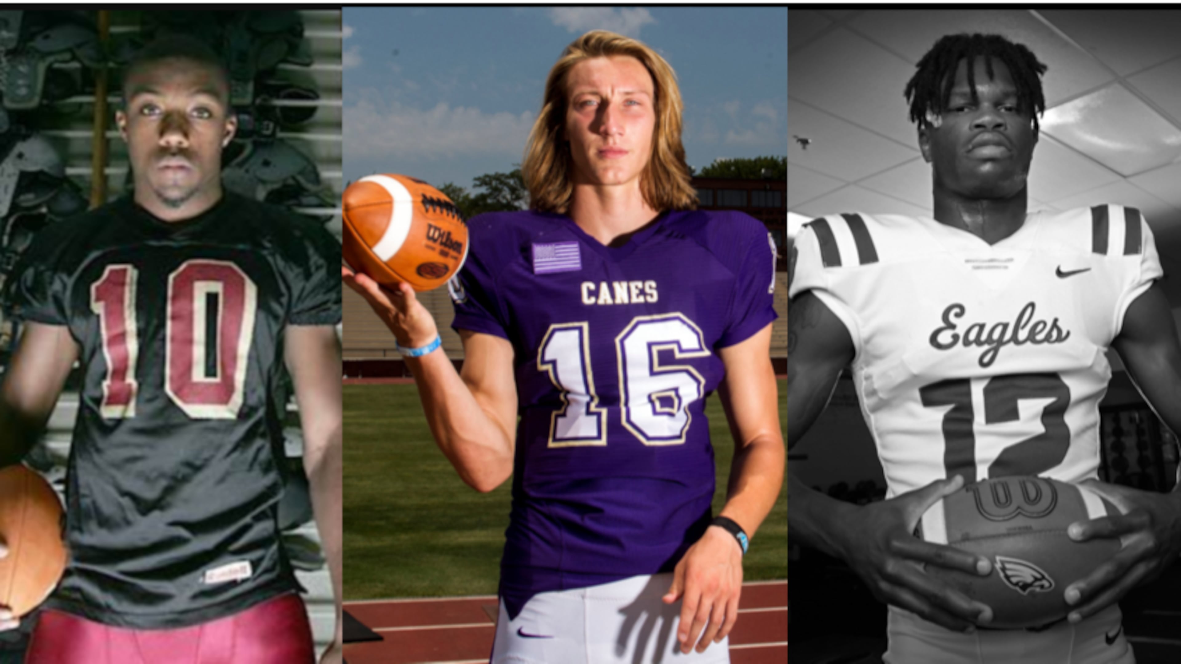 Eric Berry (from left), Trevor Lawrence and Travis Hunter are former AJC all-classification football players of the year from different decades who became college All-Americans and top-five NFL draft picks.