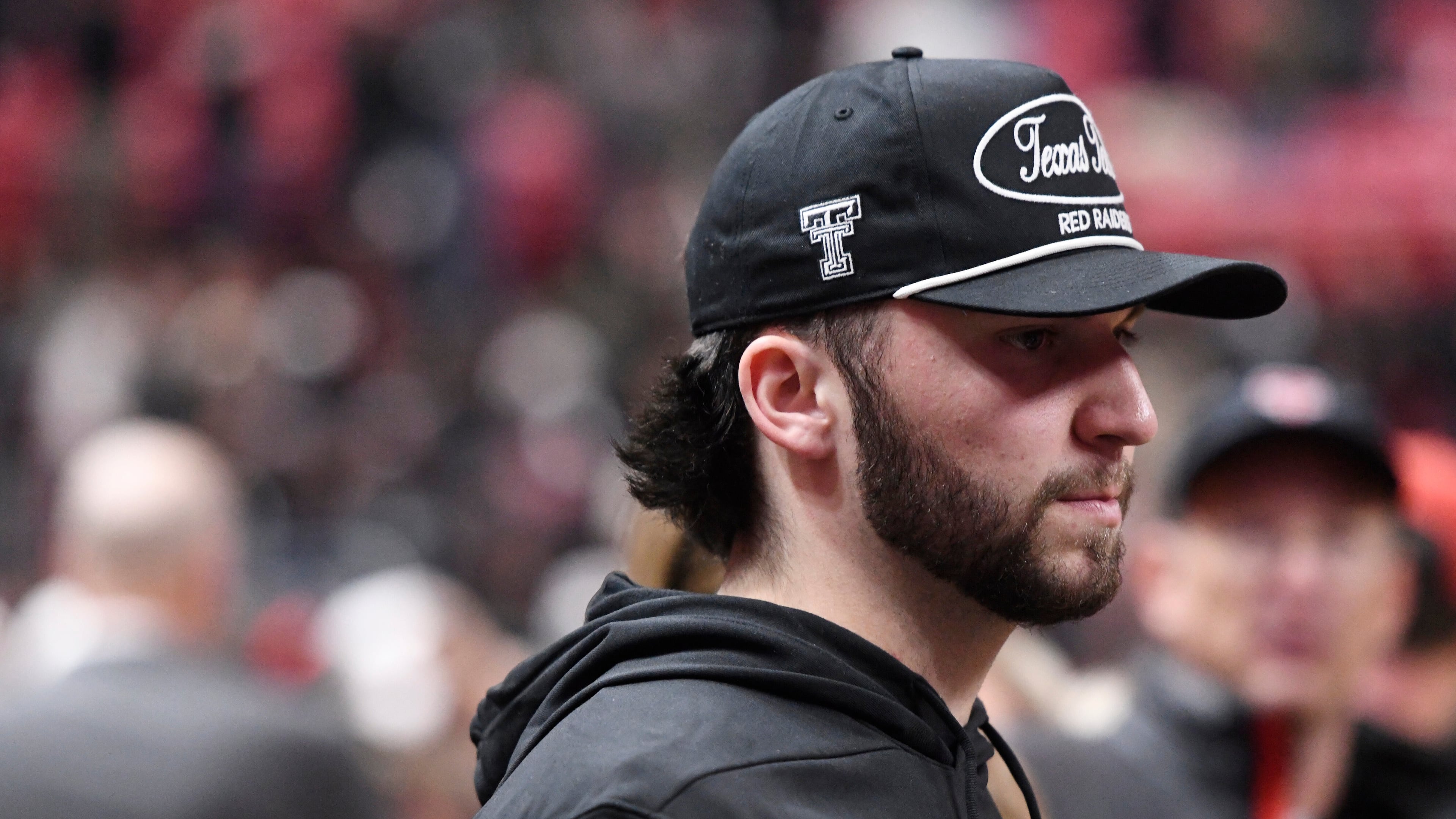 FILE - Quarterback Brendan Sorsby attends an NCAA college basketball game between Texas Tech and Houston, Jan. 24, 2026, in Lubbock, Texas. (AP Photo/Annie Rice, file)