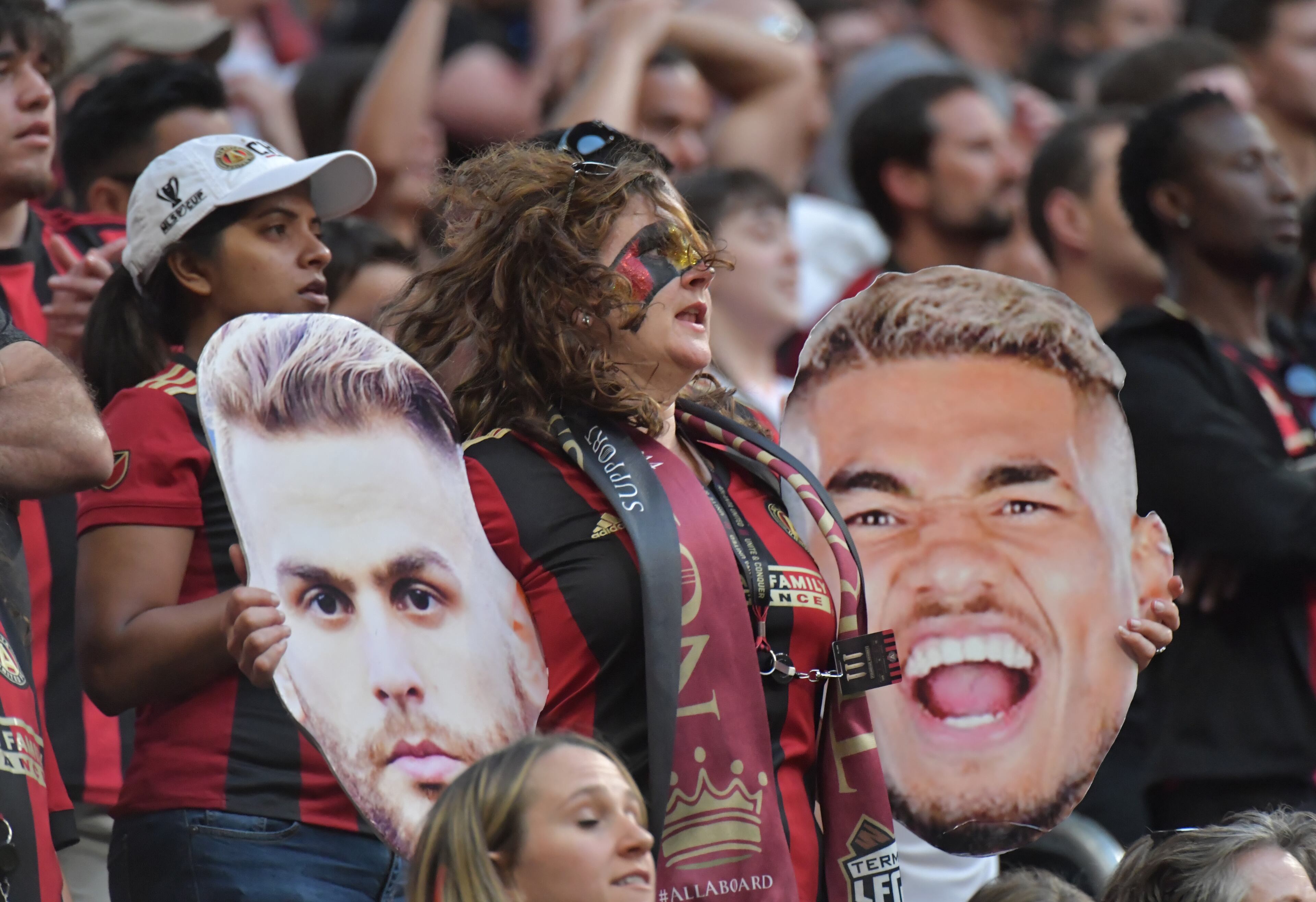 April 27, 2019 Atlanta - Atlanta United fans react at the end of the second half in a MLS soccer match at Mercedes-Benz Stadium in Atlanta on Saturday, April 27, 2019. Atlanta United won 1-0 over the Colorado Rapids. HYOSUB SHIN / HSHIN@AJC.COM