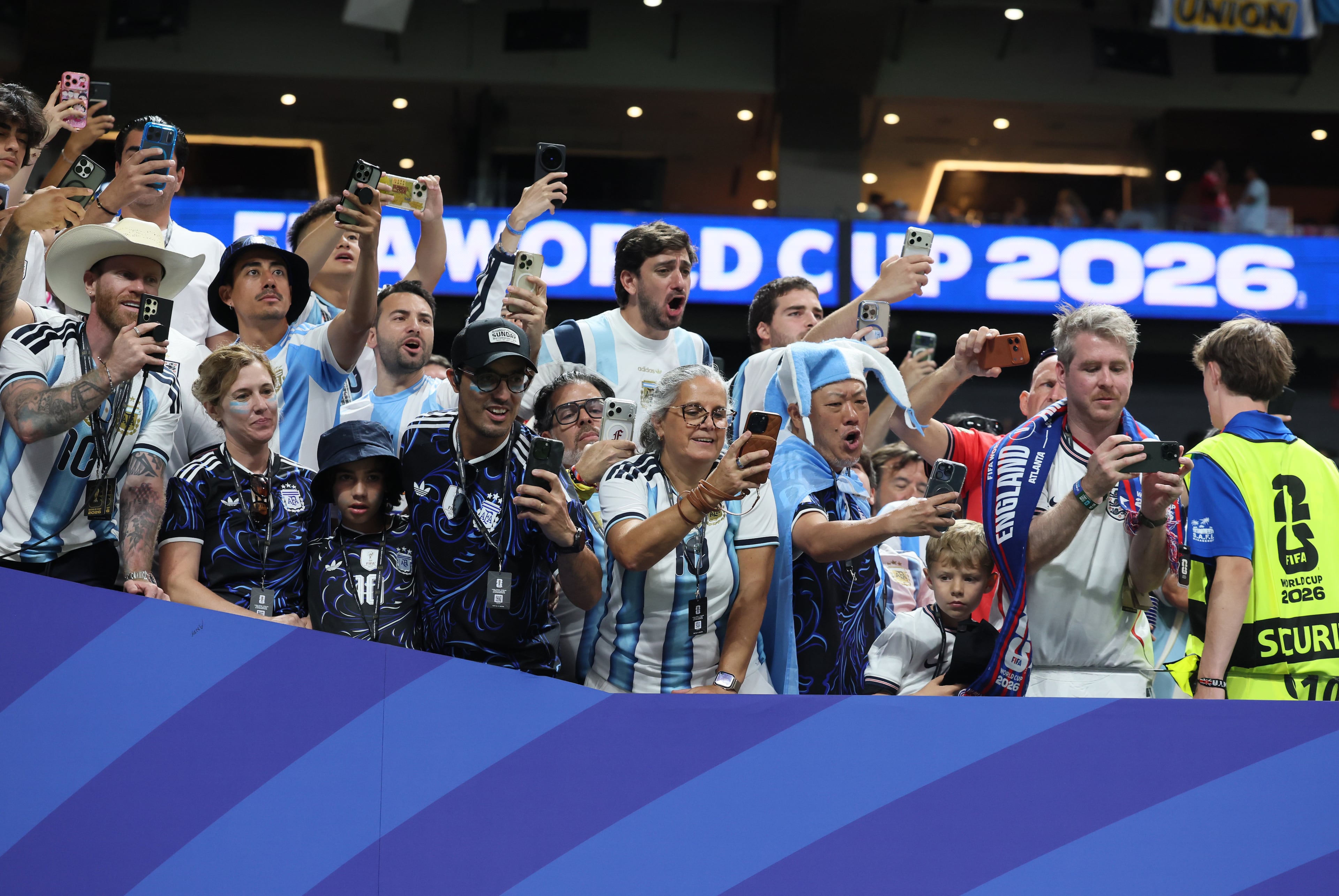 Argentina fans cheer as their team appears on the pitch before the start of Argentina vs. England FIFA World Cup Semifinal match at Atlanta Stadium (Mercedes-Benz Stadium) on Wednesday, July 15, 2026. (Jason Getz/AJC)
