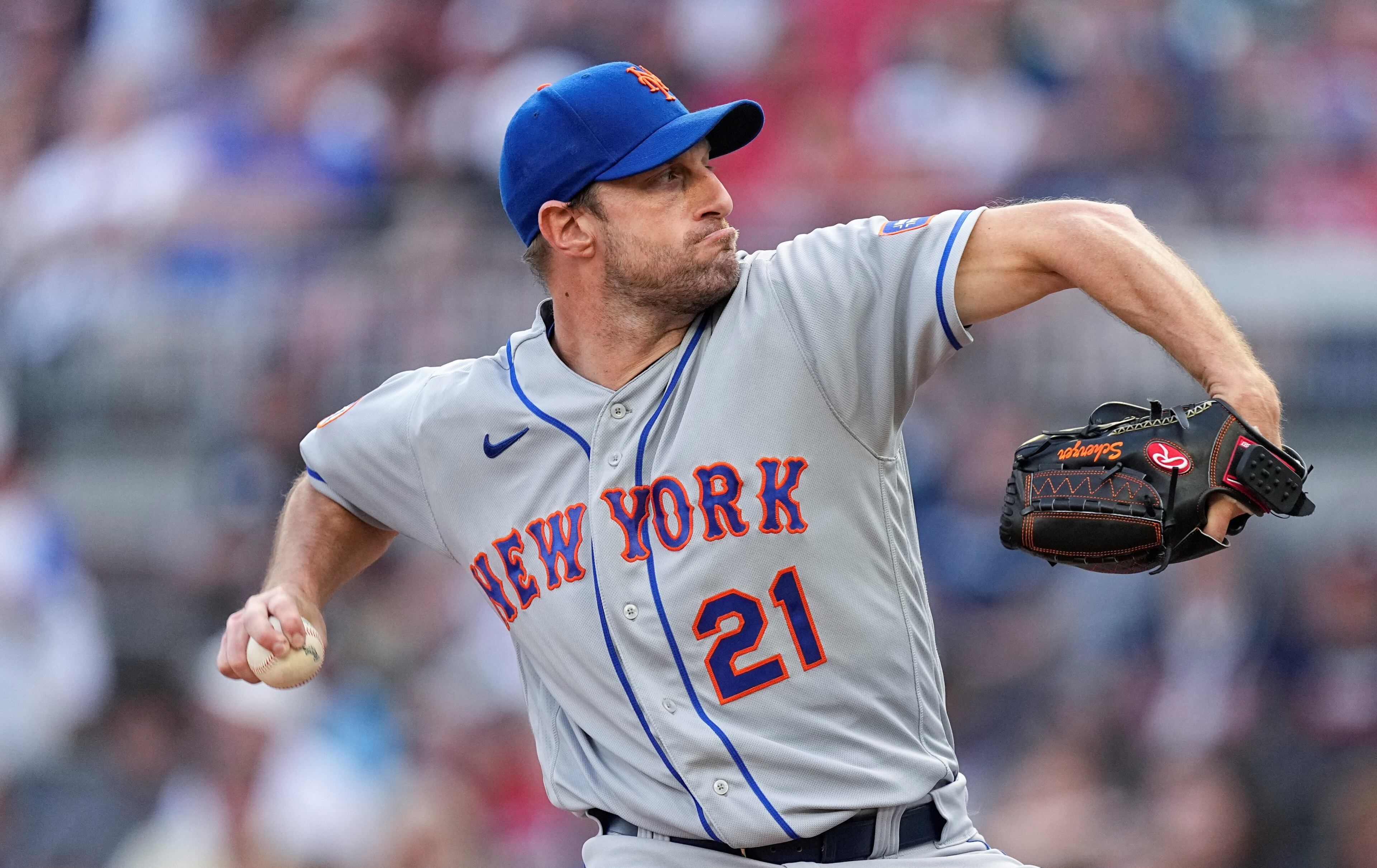 Mets starting pitcher Max Scherzer works in the first inninng of a baseball game against the Atlanta Braves, Wednesday, June 7, 2023, in Atlanta. (AP Photo/John Bazemore)