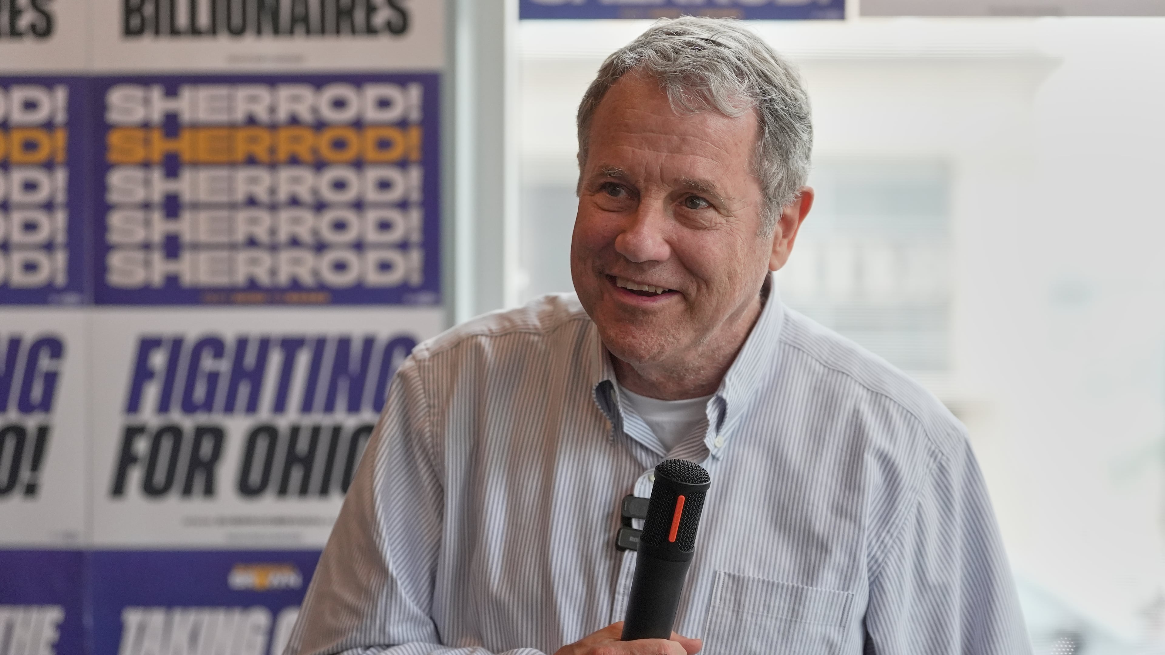 FILE - Democratic Ohio Senate candidate Sherrod Brown, a former three-term U.S. senator, speaks at a campaign event in Akron, Ohio, on July 16, 2026. (AP Photo/Sue Ogrocki, File)