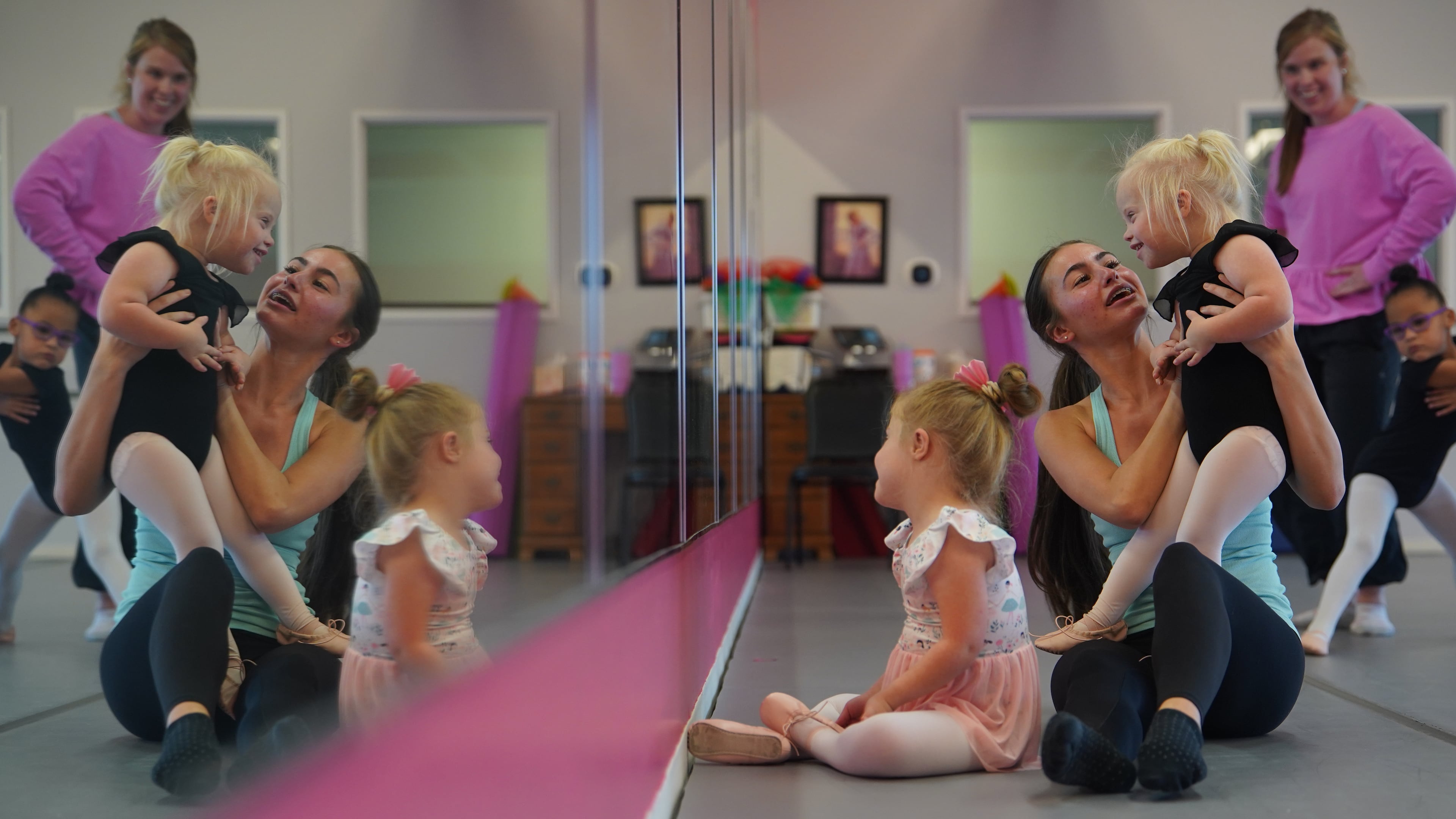 From left, Amelia Woods sits in front as Samantha Hatch holds Elsie Bickett, while Maliyah Rider stands next to Claire Graham in front of a mirror during a Dance Abilities class at the Academy of Dance Arts in the Indianapolis suburb of Fishers, Ind., Thursday, Sept. 17, 2026. (AP Photo/Obed Lamy)