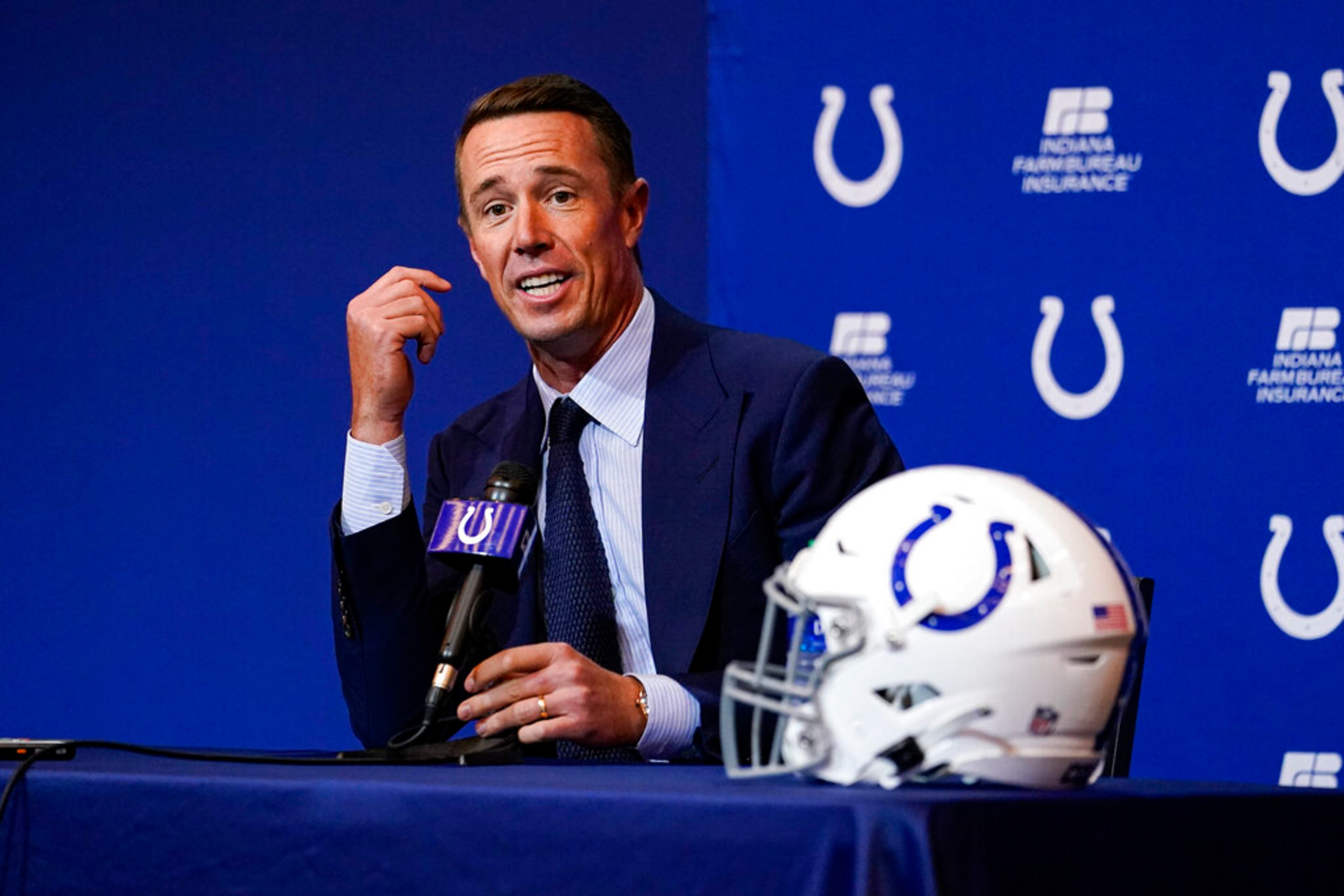 Indianapolis Colts quarterback Matt Ryan speaks during a press conference at the NFL team's practice facility in Indianapolis, Tuesday, March 22, 2022. (AP Photo/Michael Conroy)
