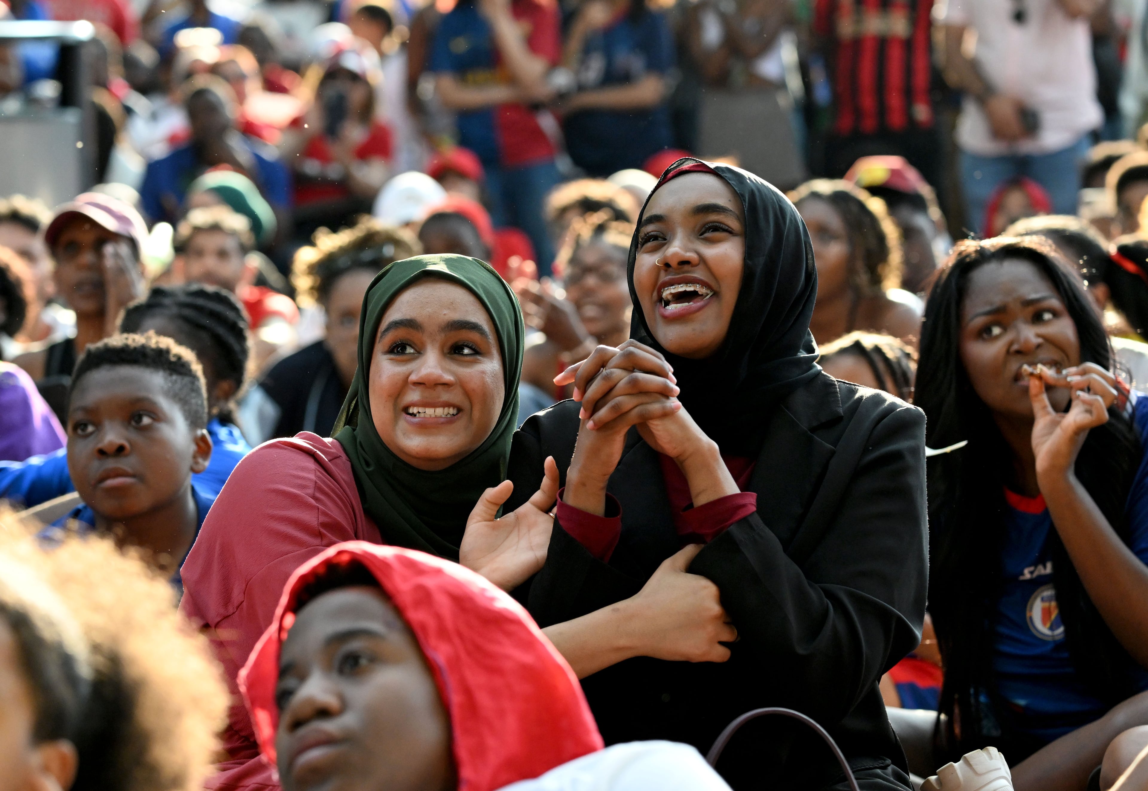 Morocco fans react as they gather to watch the match between Morocco vs. Haiti at the FIFA Fan Festival in Centennial Olympic Park on Wednesday, June 24, 2026, in Atlanta. (Hyosub Shin/AJC)