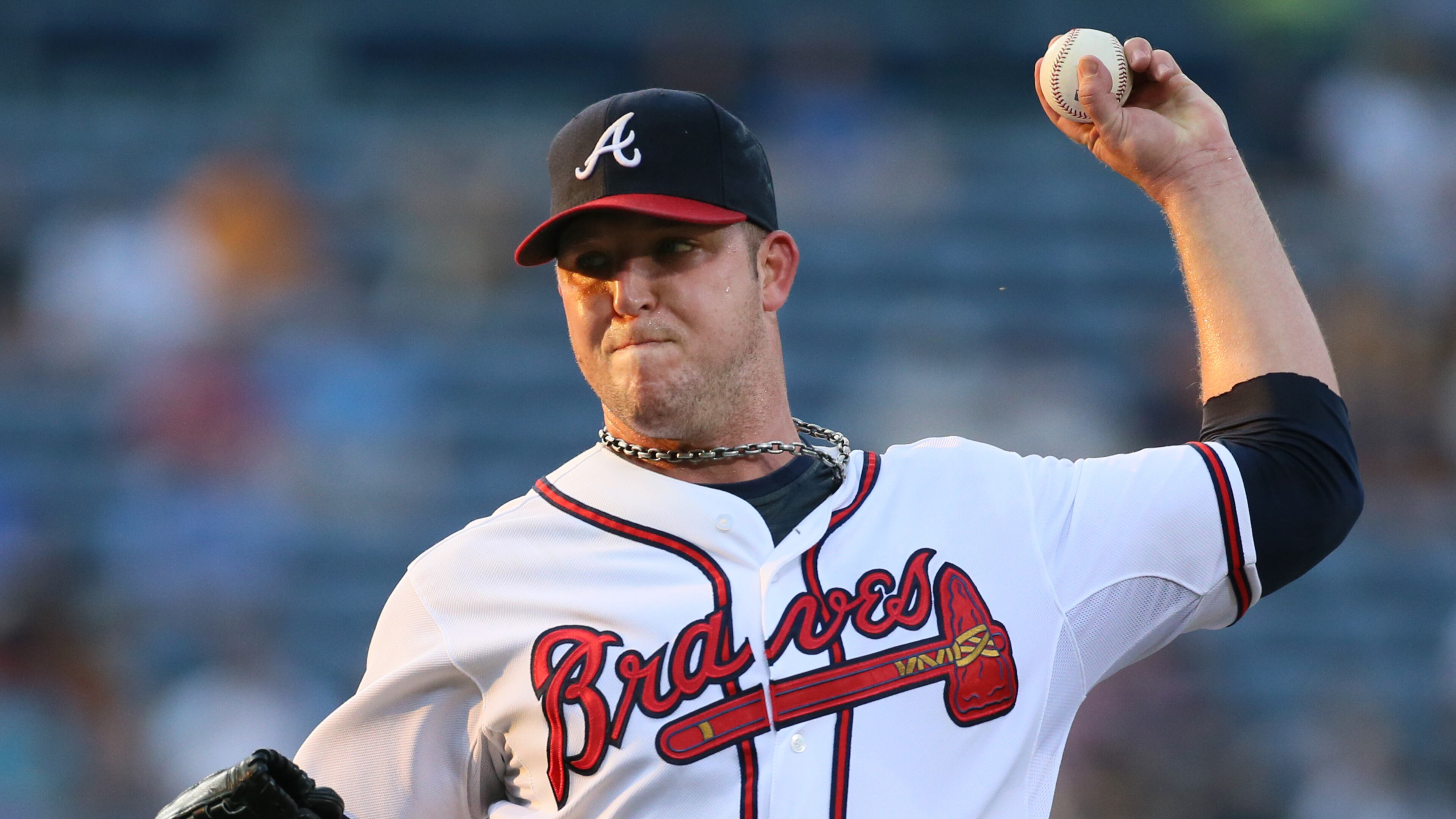 Braves Paul Maholm, making his 238th career start, delivers a pitch against the Cleveland Indians during the first inning on Wednesday, August 28, 2013, in Atlanta. CURTIS COMPTON / CCOMPTON@AJC.COM