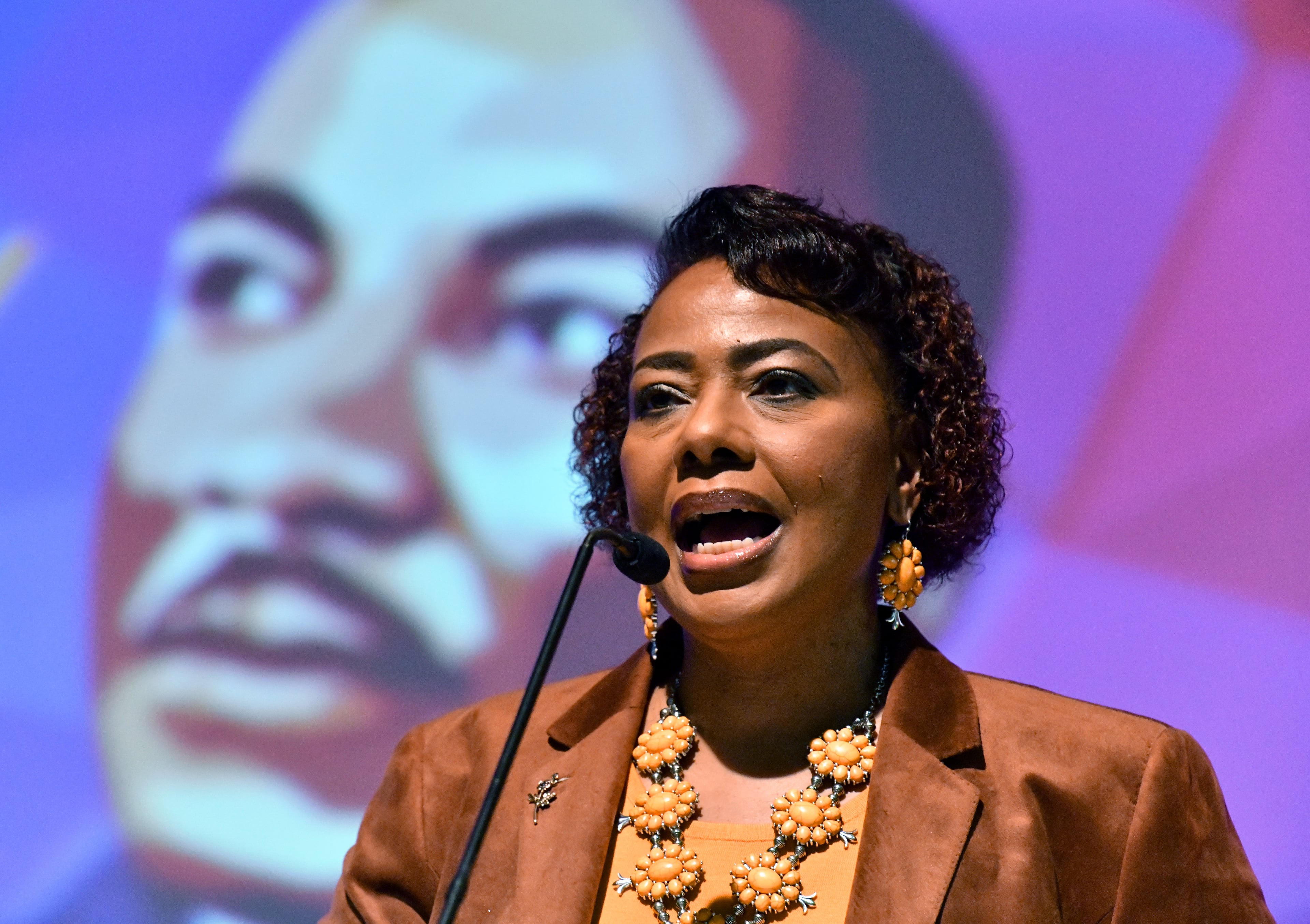 Bernice King, CEO of The Martin Luther King Jr. Center, speaks to members of the press during a press conference to unveil details of 2024 King Holiday Observance at The King Center, Thursday, December 4, 2024, in Atlanta. (Hyosub Shin / Hyosub.Shin@ajc.com)