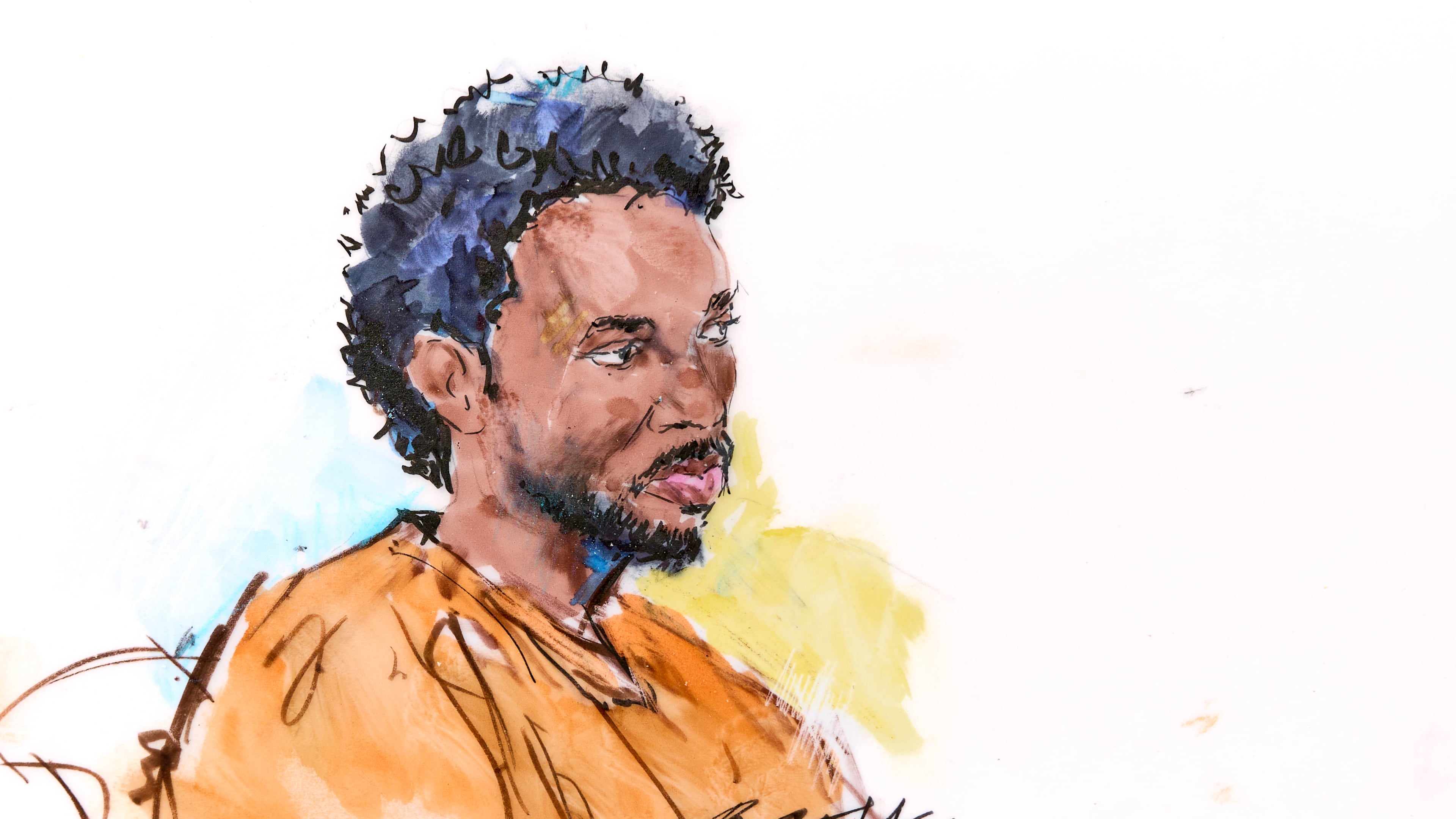 In this courtroom sketch, David Anthony Burke, whose stage name is D4vd, is seen in court Thursday, April 23, 2026, in Los Angeles on charges of killing a 14-year-old girl whose dismembered body was found in his car. (Bill Robles via AP)