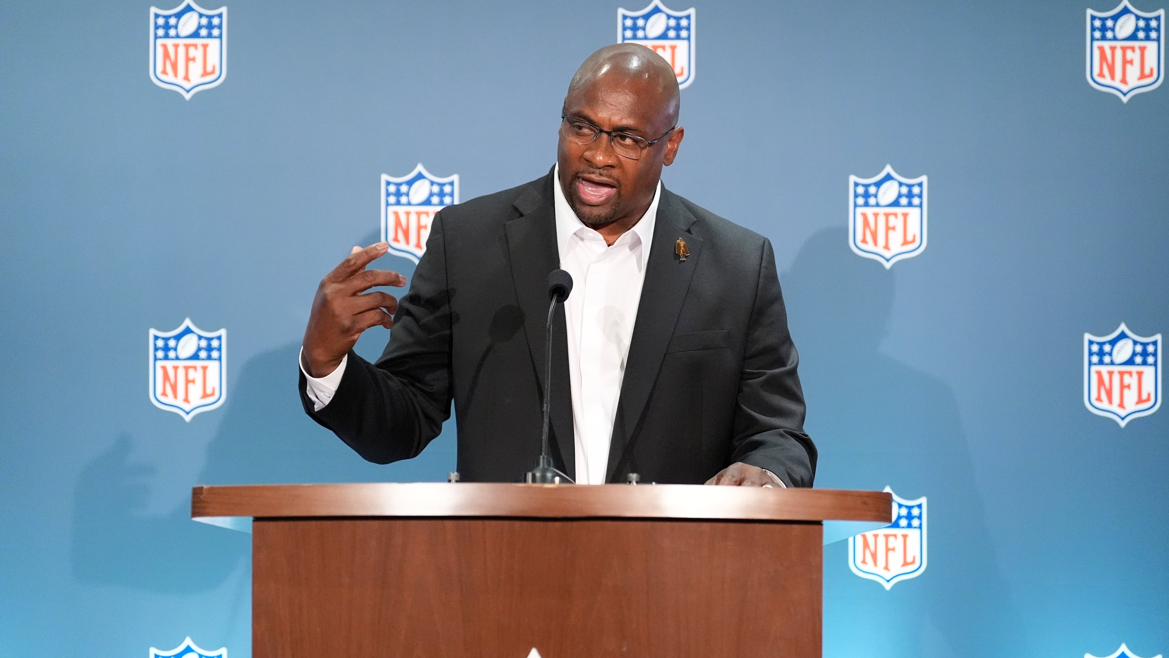 Troy Vincent speaks during a news conference at an NFL football owners meeting on Wednesday, Aug. 26, 2026, in Atlanta. (AP Photo/Brynn Anderson)