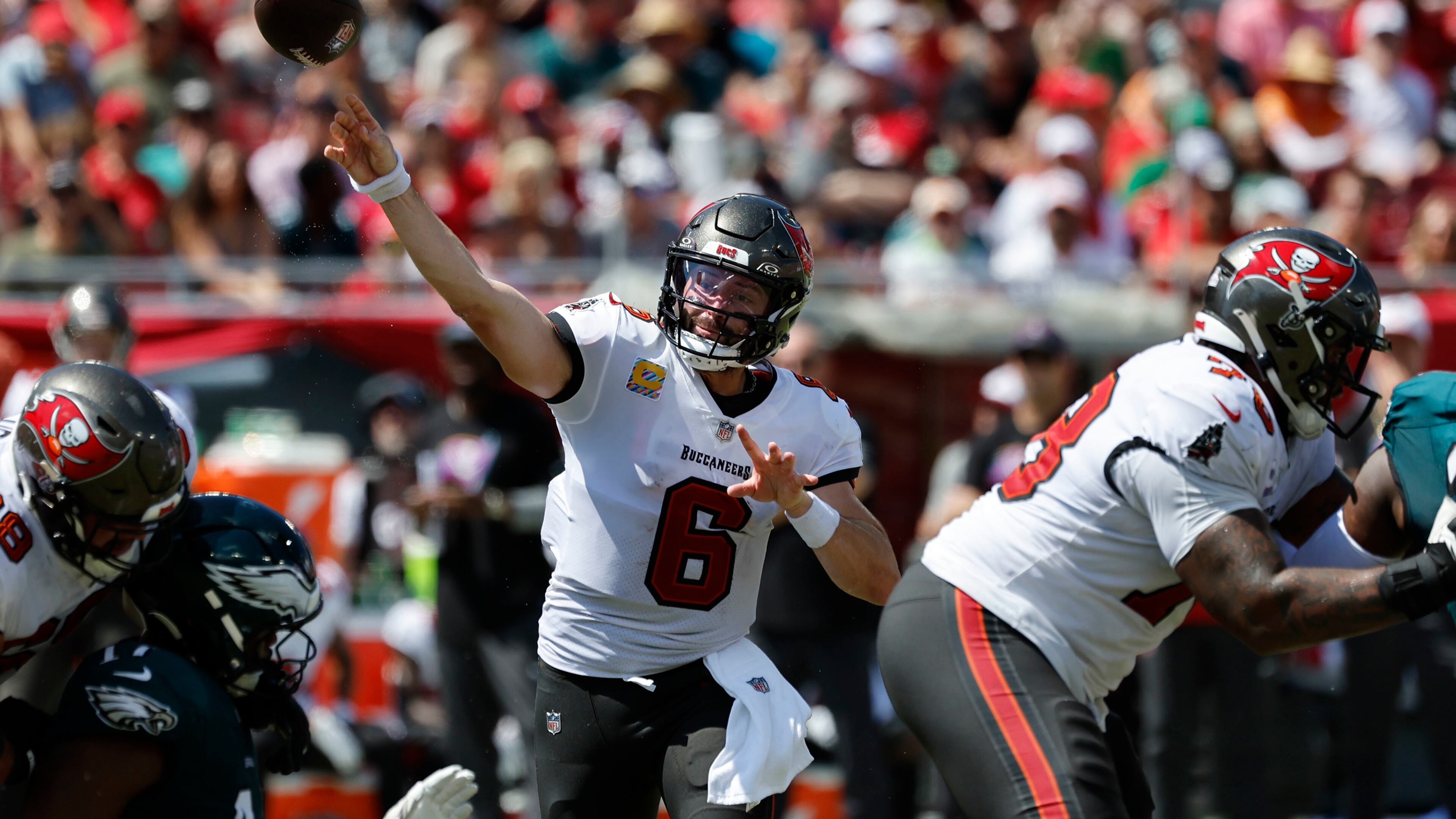 Tampa Bay Buccaneers quarterback Baker Mayfield throws the ball in the second quarter against the Philadelphia Eagles on Sunday, Sept. 29, 2024, at Raymond James Stadium in Tampa, Florida. (Yong Kim/The Philadelphia Inquirer/TNS)